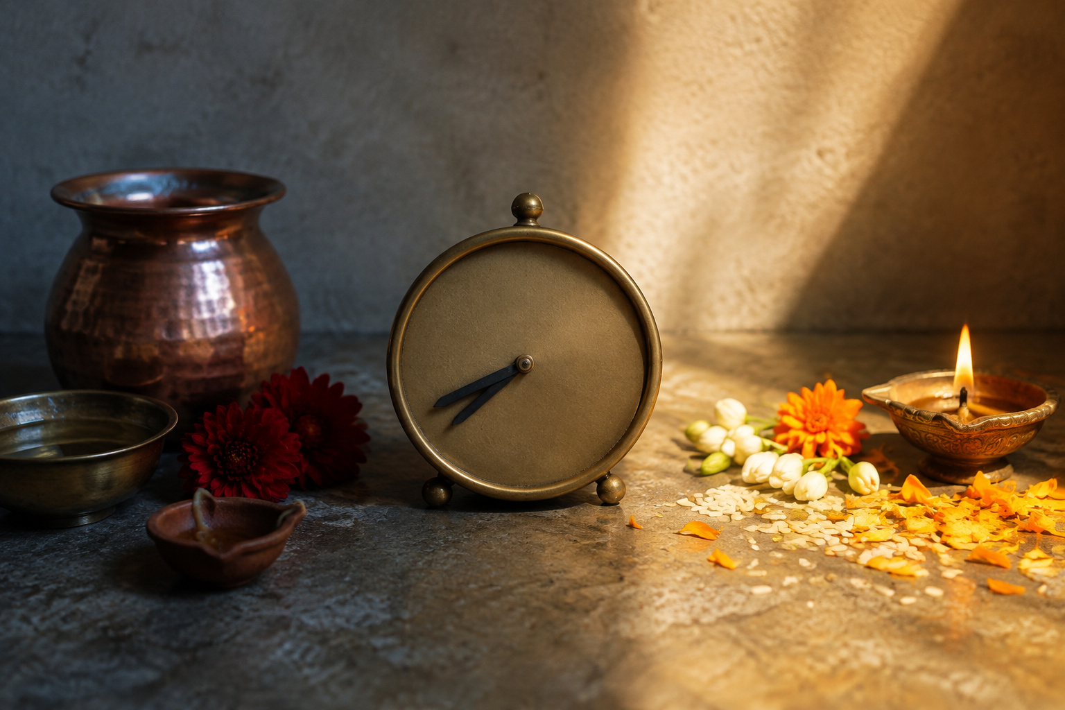 A blank-faced brass clock near 8:38 separates shaded and sunlit arrangements of puja vessels, flowers, and diyas.