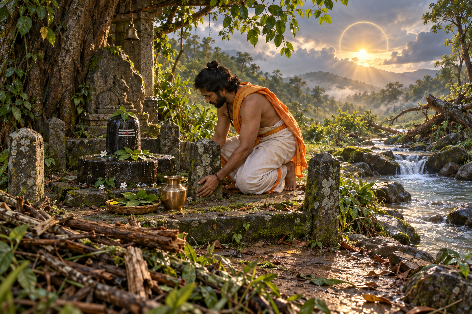 A devotee restores a small forest shrine and offers water and bilva leaves to a stone Shiva linga at dawn.