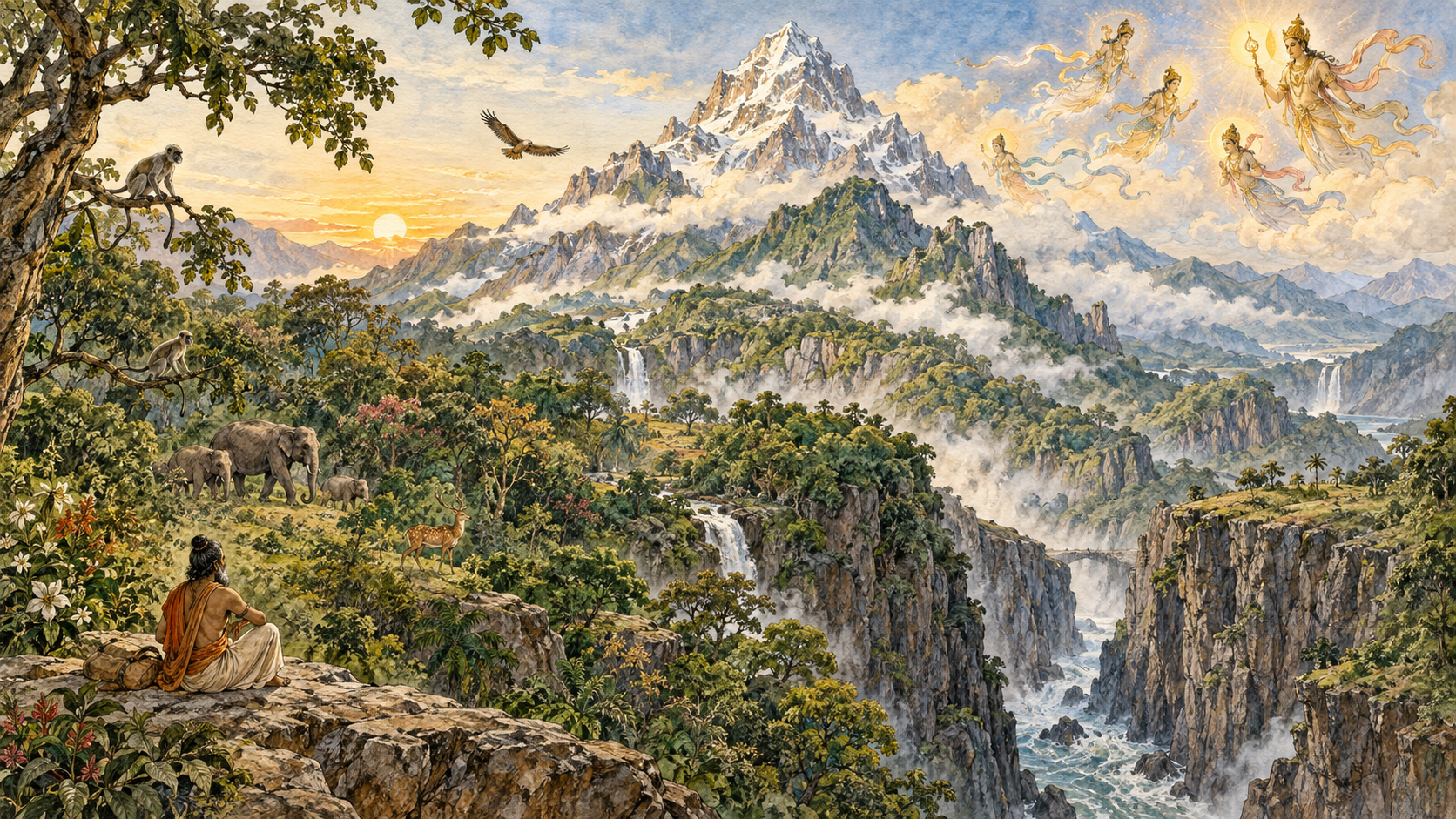 A seated traveler observes a layered mountain landscape of peaks, vegetation, wildlife, a ravine and celestial figures in the sky.
