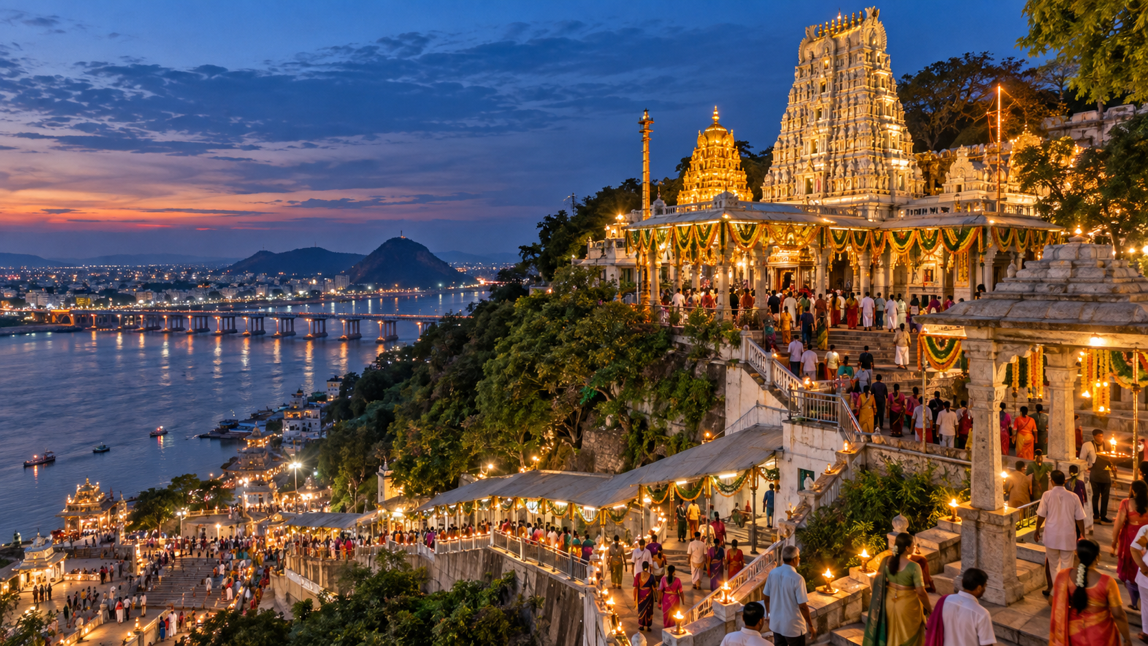 Kanakadurga Temple illuminated on Indrakeeladri Hill above the Krishna River as pilgrims approach during Navaratri.