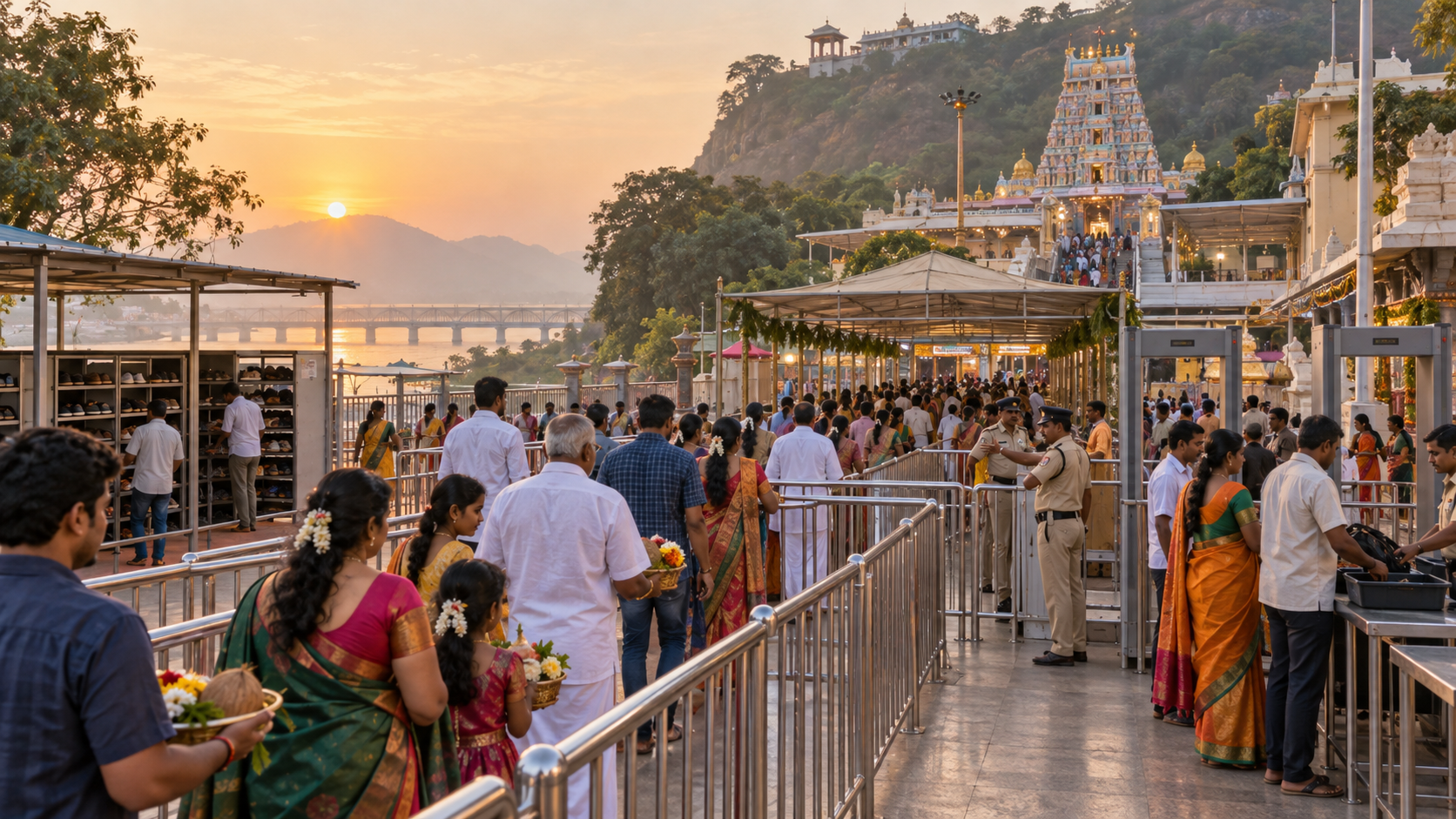 Pilgrims move through organized approach lanes toward Kanakadurga Temple in the early morning.