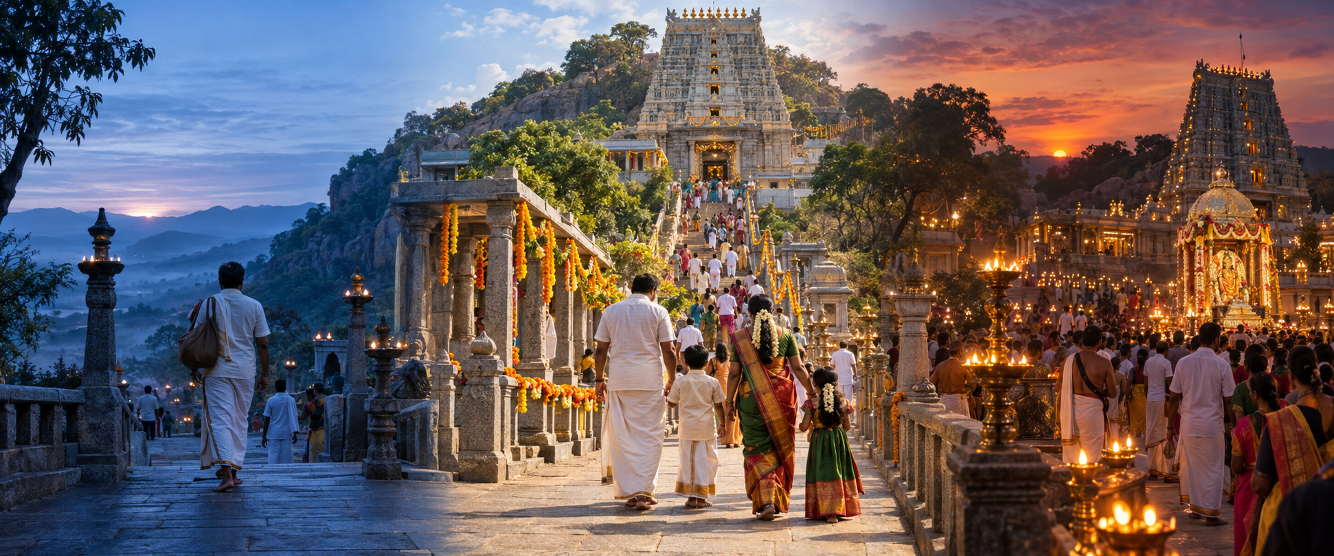 Three connected scenes show a quiet dawn visit, a daytime family pilgrimage, and a crowded evening celebration at the hill temple.