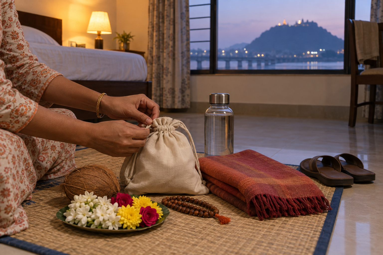 A pilgrim arranges flowers, prayer beads, water, a shawl, and comfortable sandals before leaving for darshan.