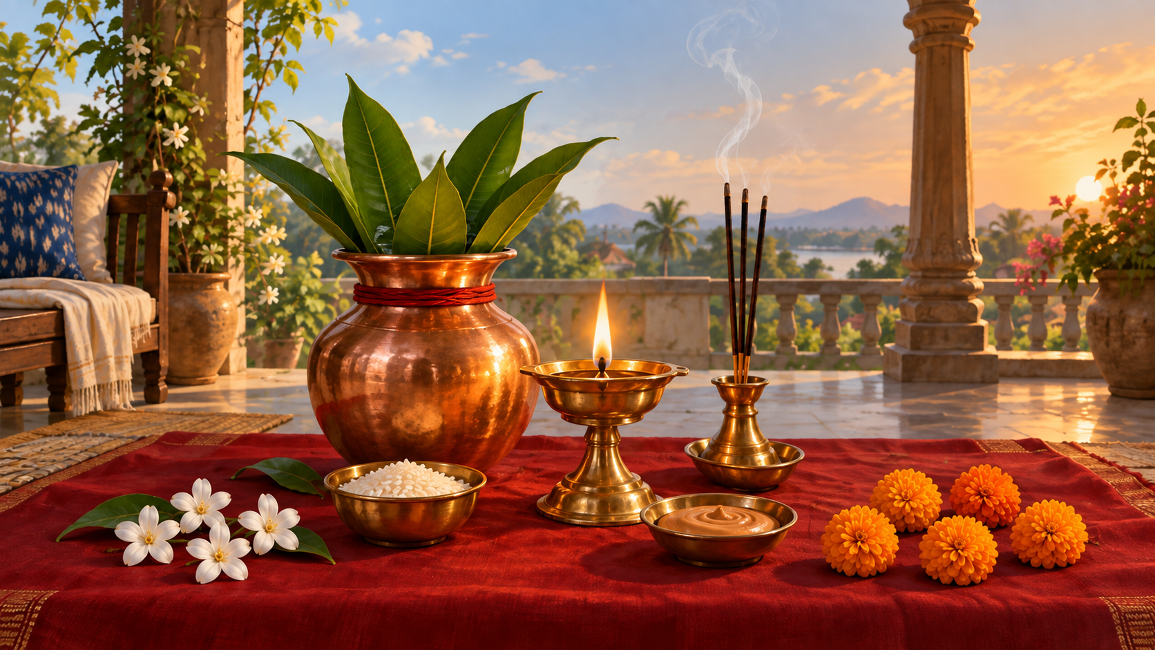 A brass diya, kalash, incense, rice, and flowers arranged for a Hindu puja as the background light changes from early to late afternoon.