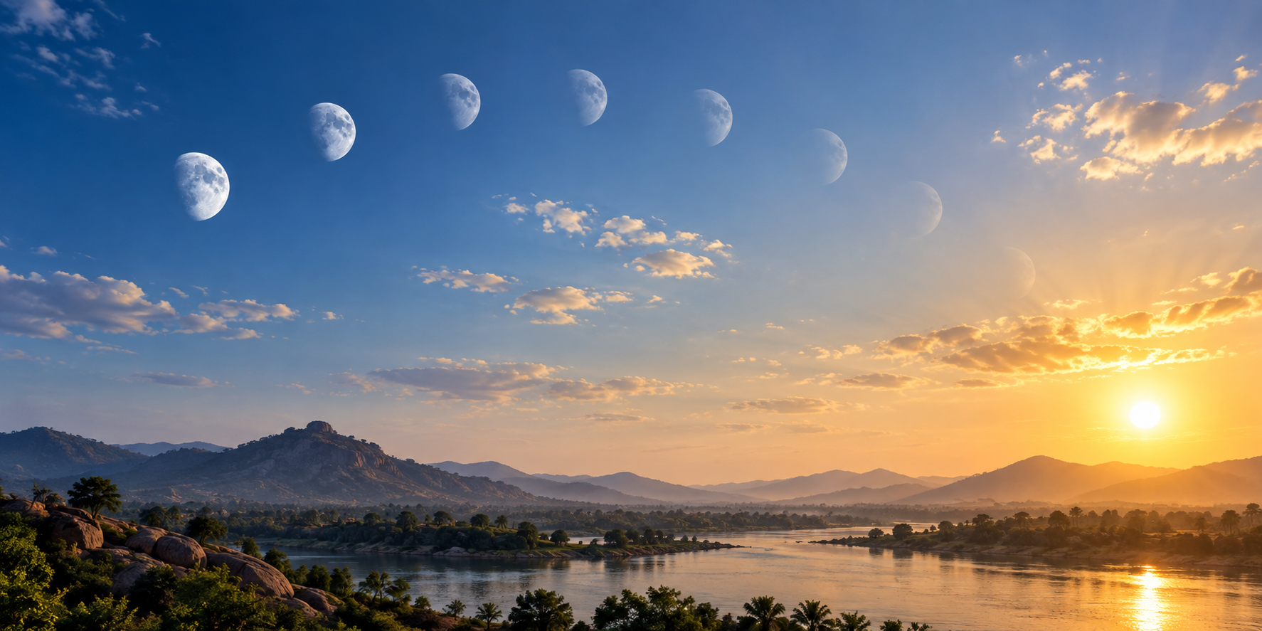 A conceptual sky illustration shows the sun and several faint positions of the moon above a horizon as daylight shifts toward afternoon.