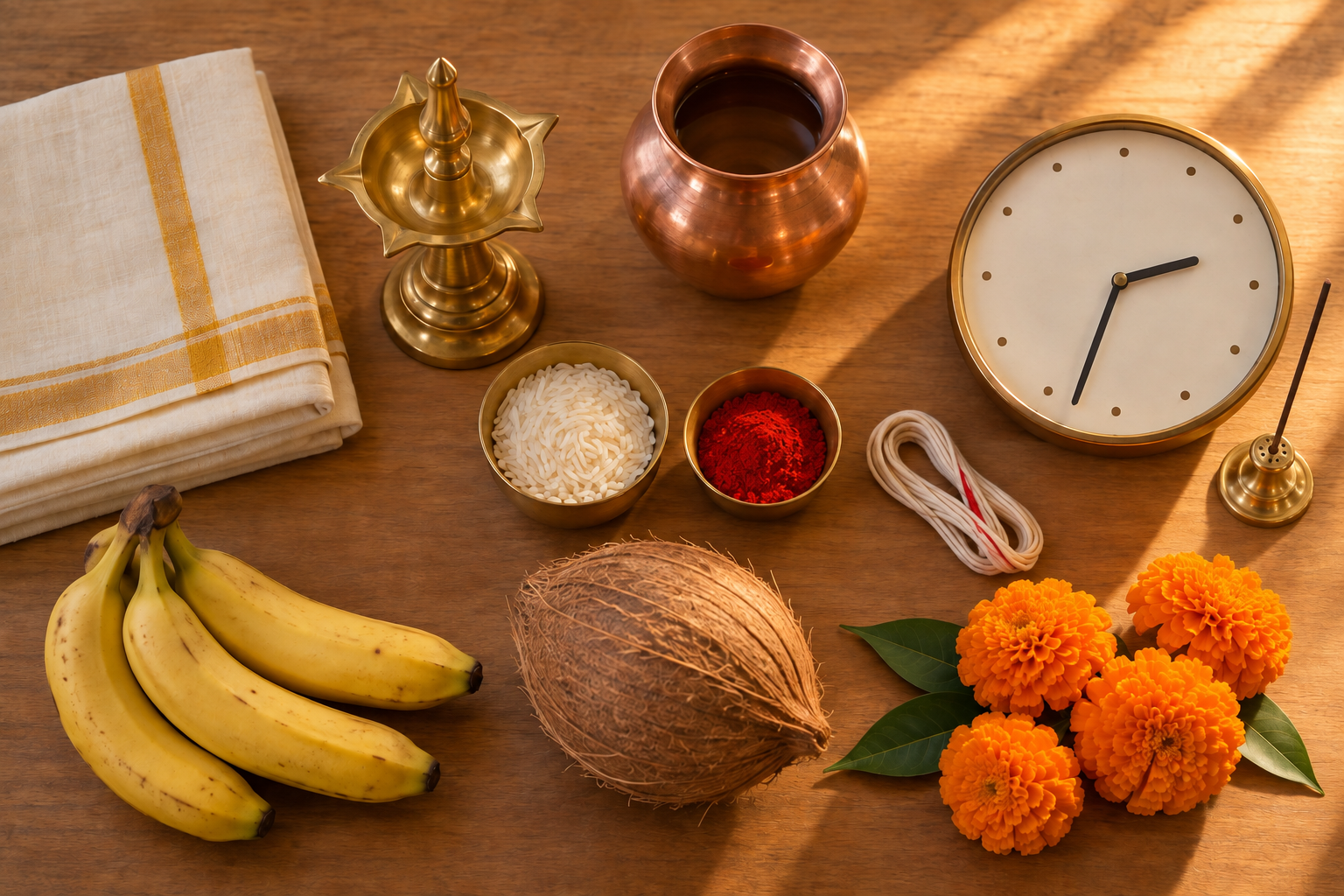 An overhead view of puja supplies arranged beside an unnumbered analog clock in warm afternoon sunlight.