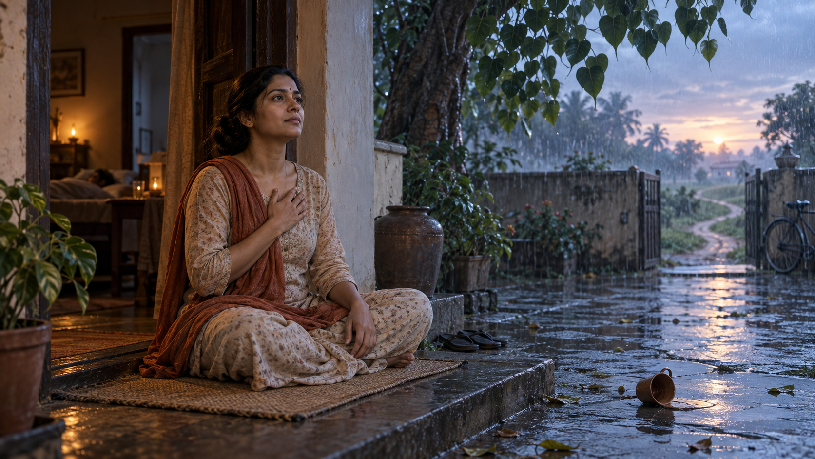 A person meditates at a home's threshold as rain and wind move through the courtyard at sunrise.