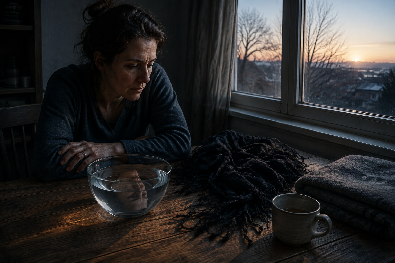 An adult sits by a window with a bowl of water, a tangled shawl, a cup, and a folded blanket on the table.