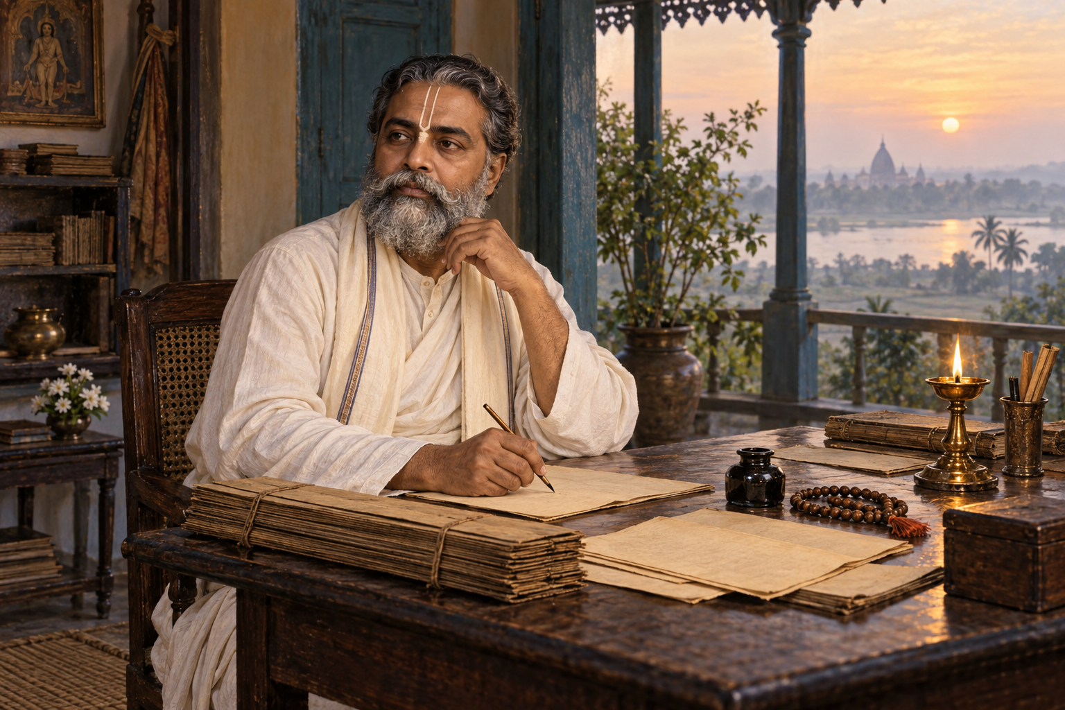 Historical illustration of Bhaktivinoda Thakura writing at a desk in a Bengali home, with manuscripts, prayer beads, an oil lamp, and a river landscape beyond the veranda.