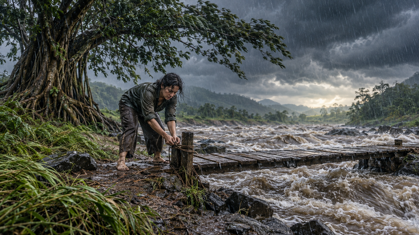 A person secures a small footbridge beside a flooded river while a rooted banyan tree bends in monsoon wind.