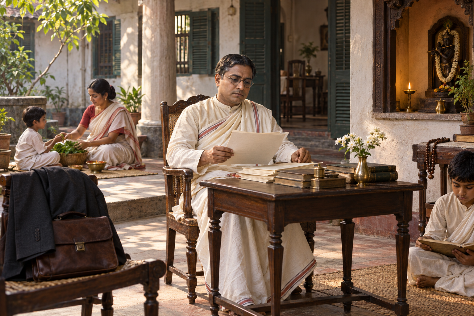 Bhaktivinoda Thakura reviews official papers in a Bengali household courtyard while family life and devotional objects surround him.