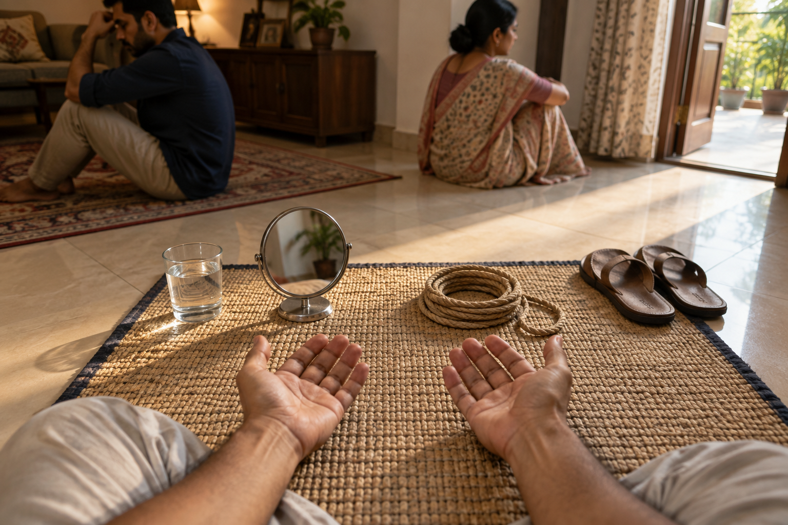 Open hands rest beside a cup, mirror, coiled rope, and sandals while two family members sit apart in the background.