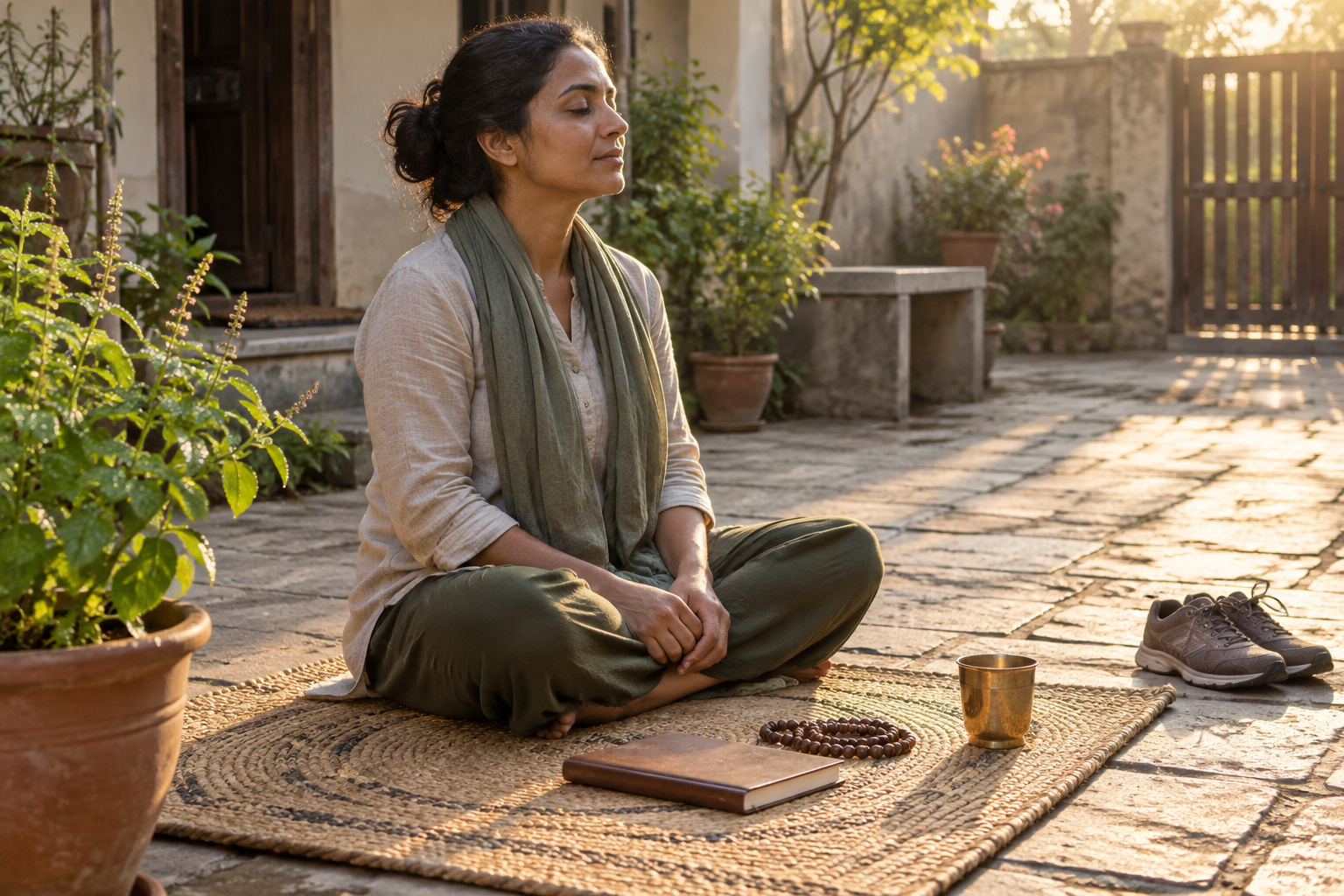 A person sits on a woven mat in a sunrise courtyard beside prayer beads, a closed journal, water, and walking shoes.