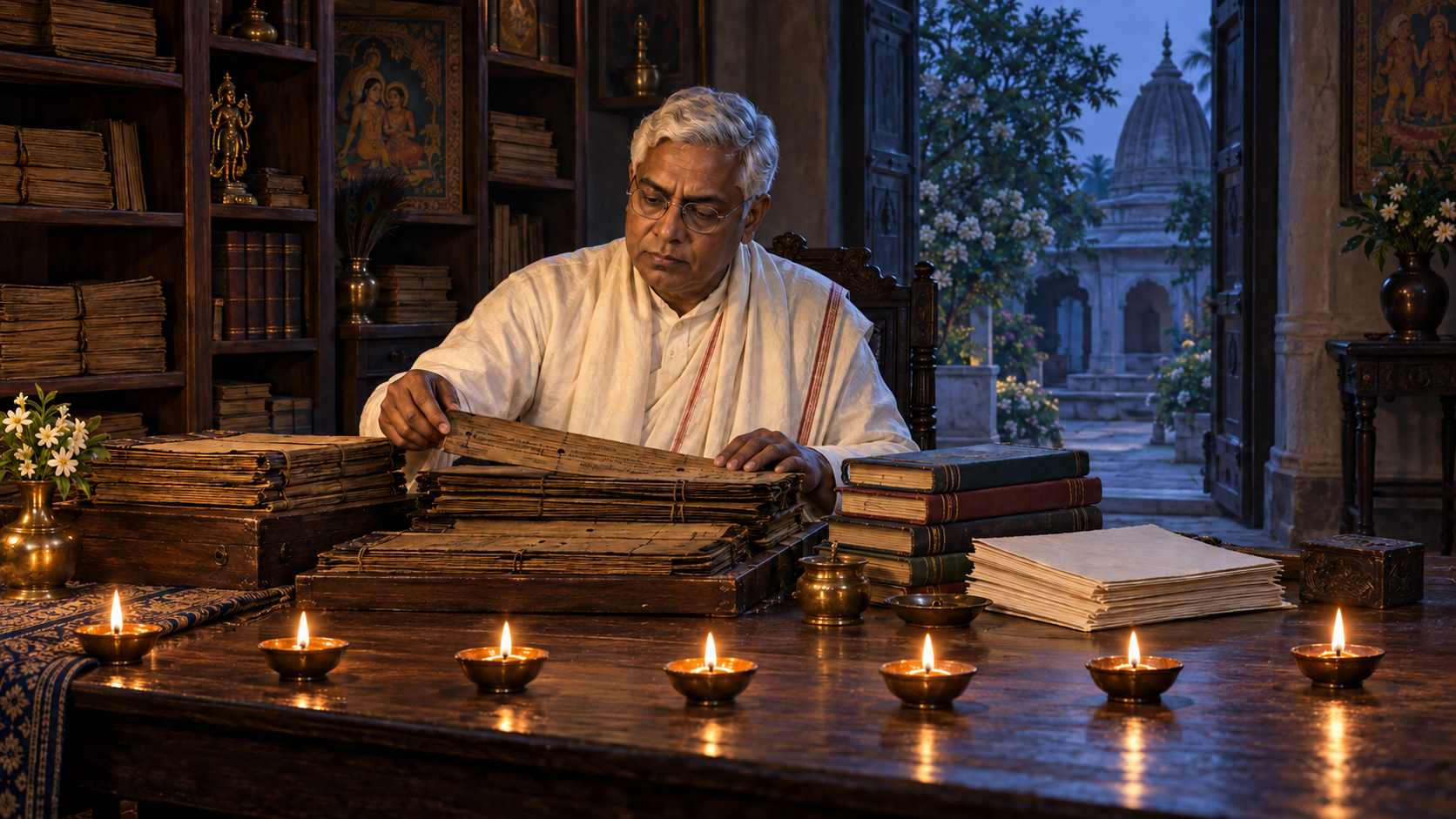Bhaktivinoda Thakura works among palm-leaf manuscripts and newly bound books in a lamplit library, with seven oil lamps arranged in the foreground.