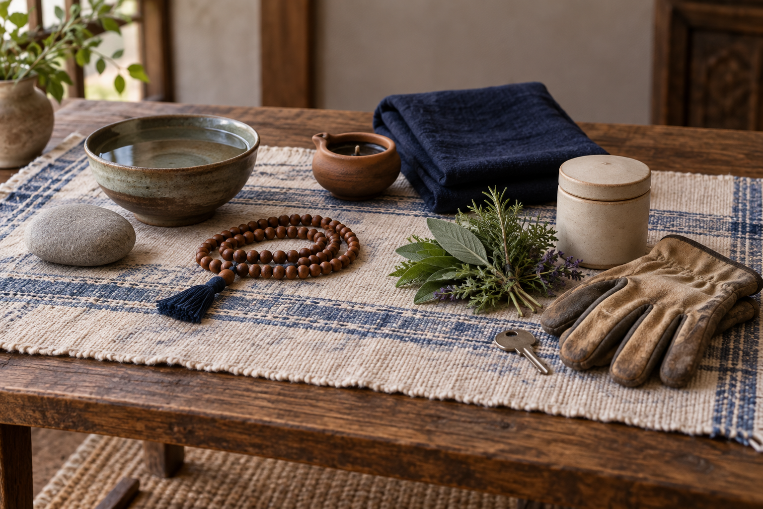 A wooden table holds a grounding stone, water bowl, prayer beads, folded cloth, herbs, medicine container, work gloves, and a key.