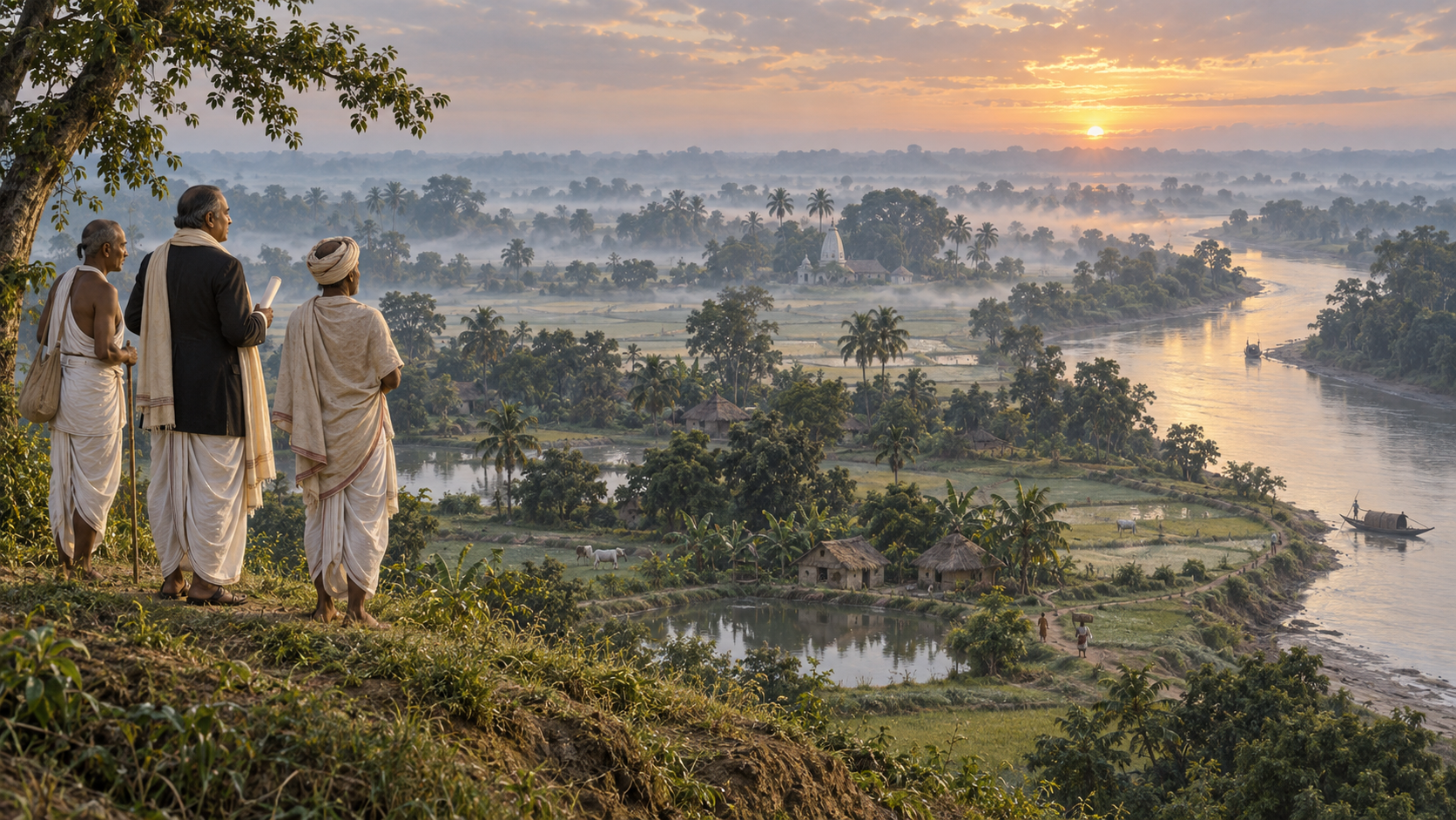 Bhaktivinoda Thakura and two companions overlook the misty river, fields, groves, and village paths of the late-19th-century Nadia landscape.