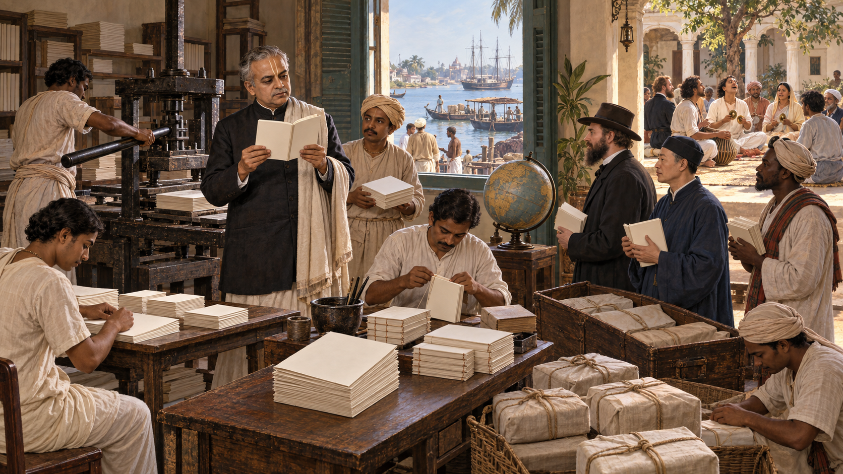 Bhaktivinoda Thakura examines a booklet in a Bengali print room as collaborators bind parcels and a nearby group gathers with devotional instruments.