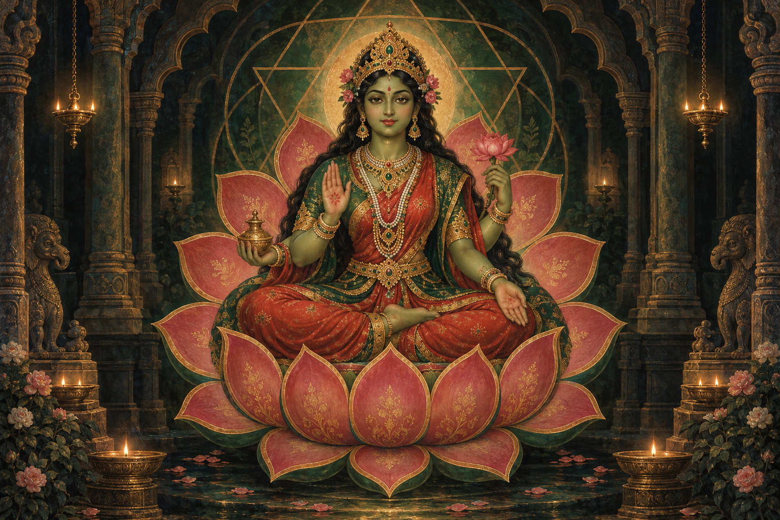 Rakini Devi sits within a radiant twelve-petalled heart lotus surrounded by symmetrical temple-like forms in green, red, and gold.