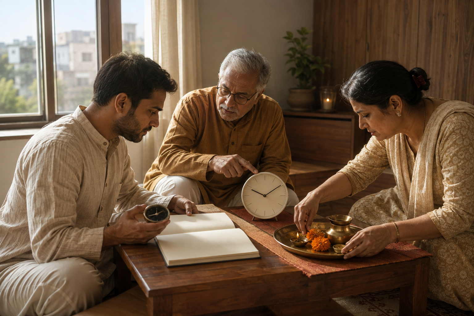 Three generations of a family consult a clock, compass, and open almanac while arranging a puja tray in a morning prayer room.