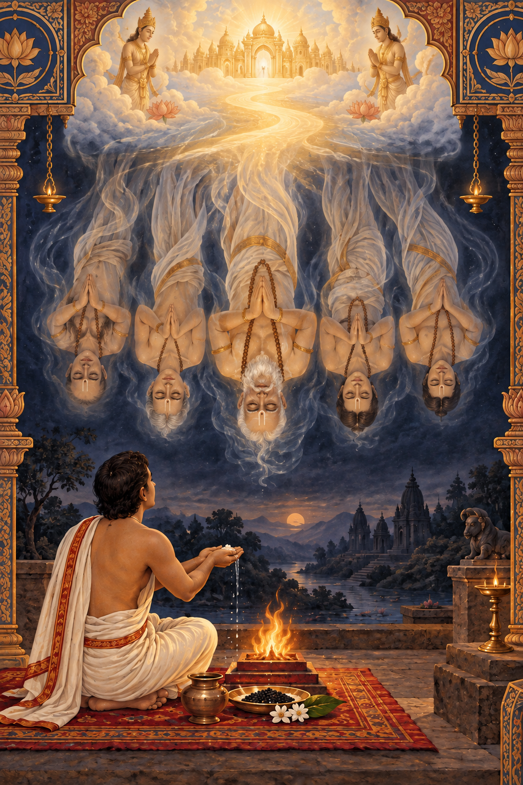 Serene translucent ancestral figures hang upside down between a dark earthly space and a luminous realm while a descendant makes an offering beside a small fire.