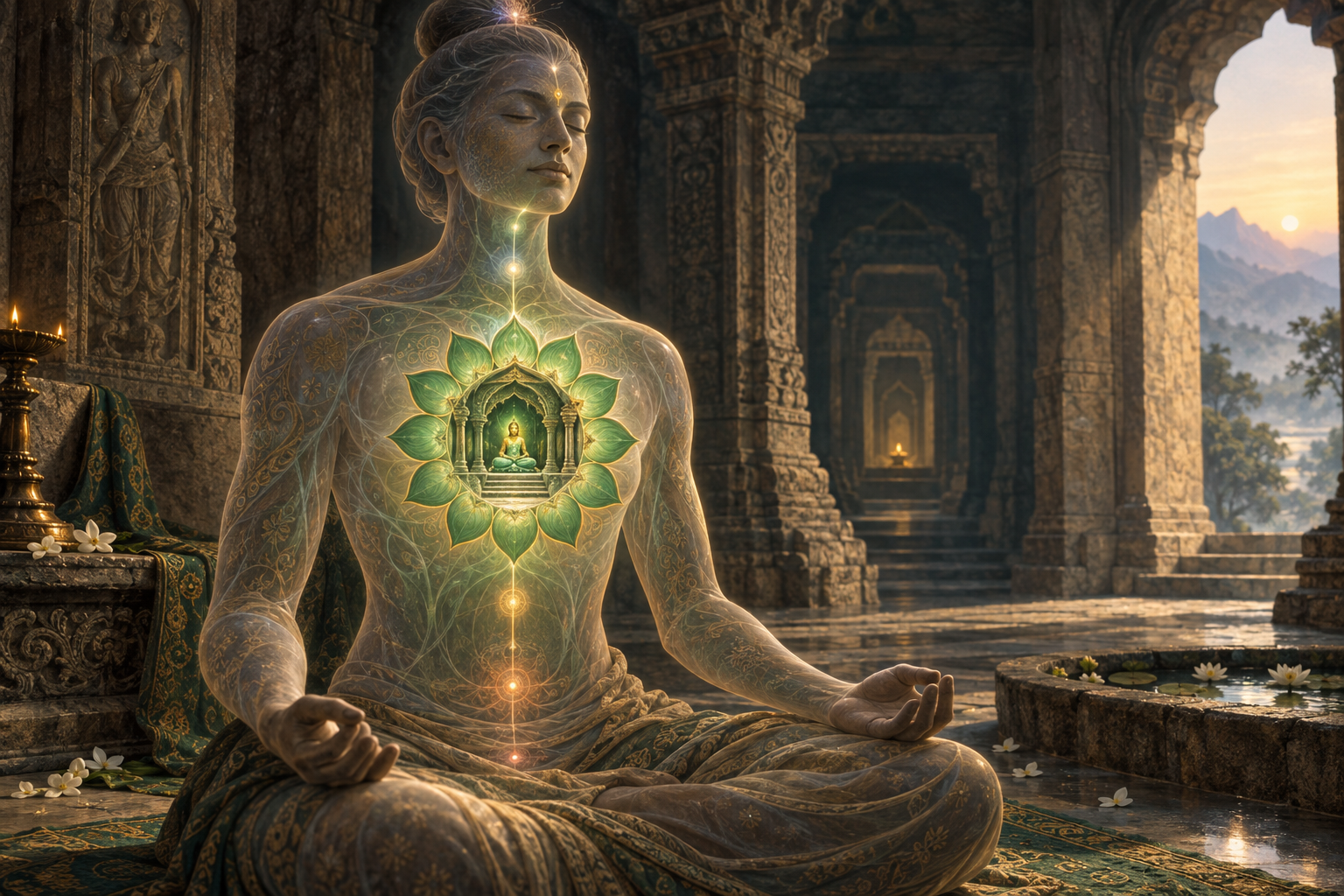A meditating figure in a stone sanctuary has a luminous twelve-petalled lotus and small divine presence at the center of the chest.