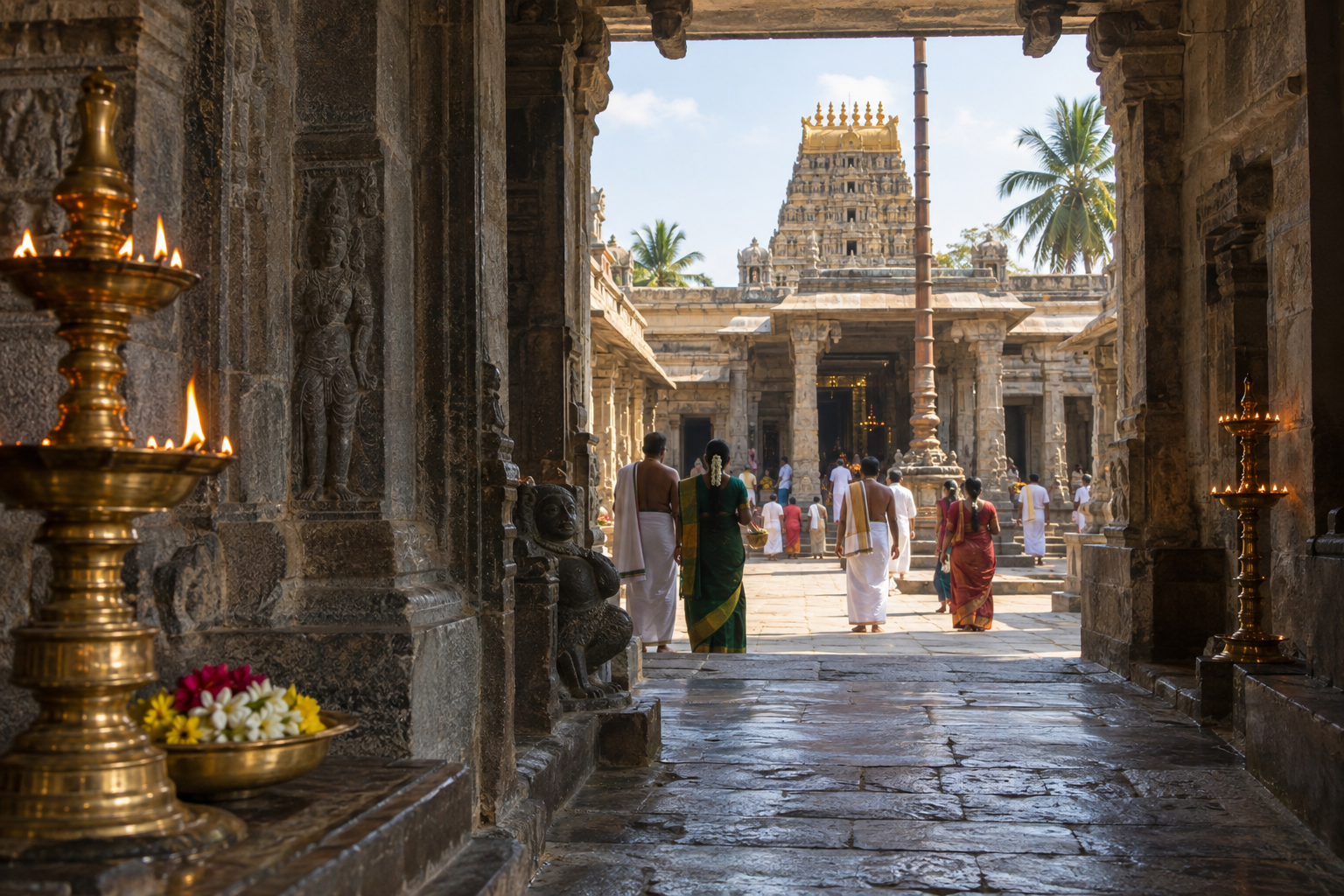 A stone passage and pillared courtyard inside a South Indian Vishnu temple, with pilgrims walking toward the sanctum.
