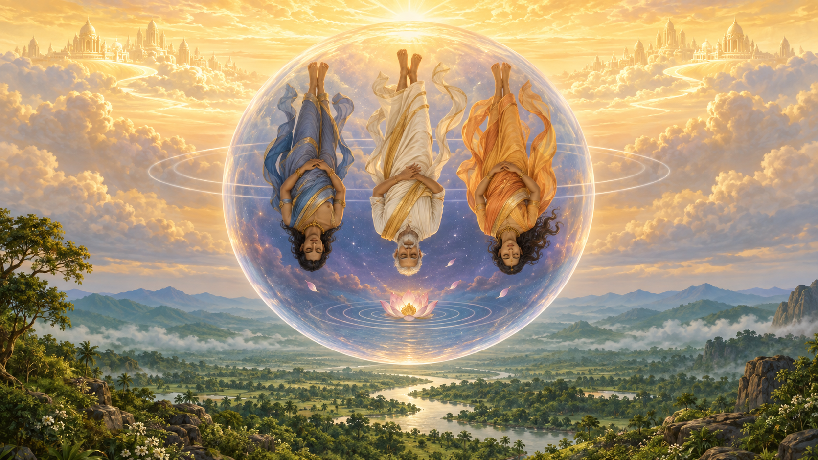Three peaceful ancestral figures appear upside down inside a translucent sphere between a green landscape and a golden sky.