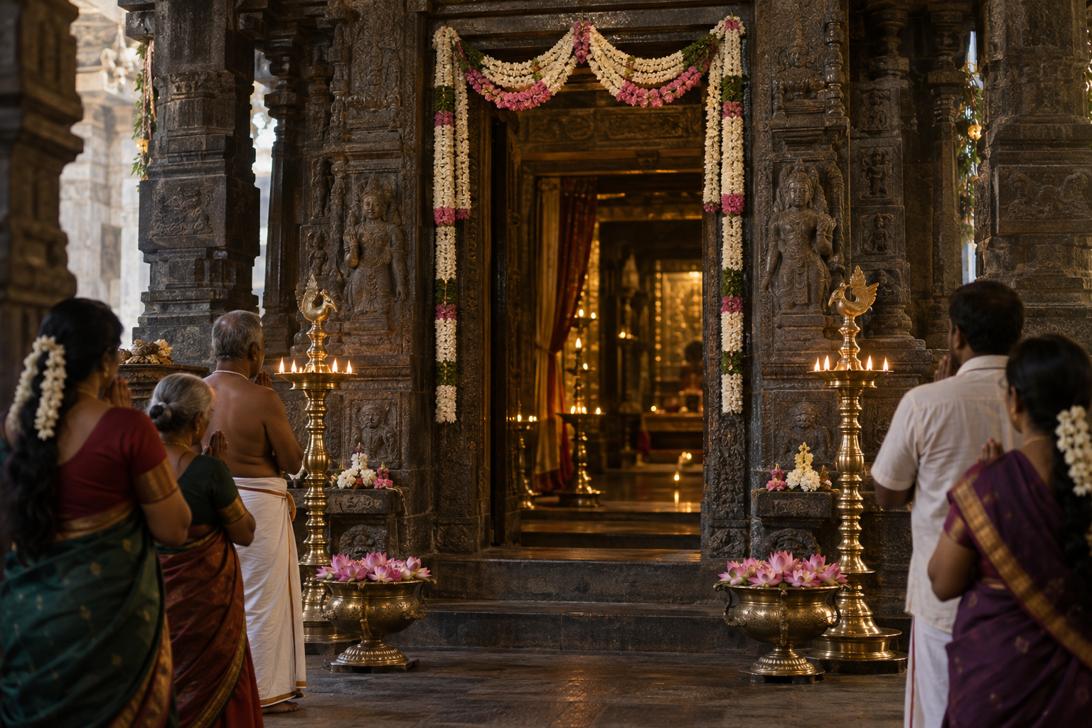Pilgrims pray before the flower-decorated entrance to a goddess shrine illuminated by brass oil lamps.