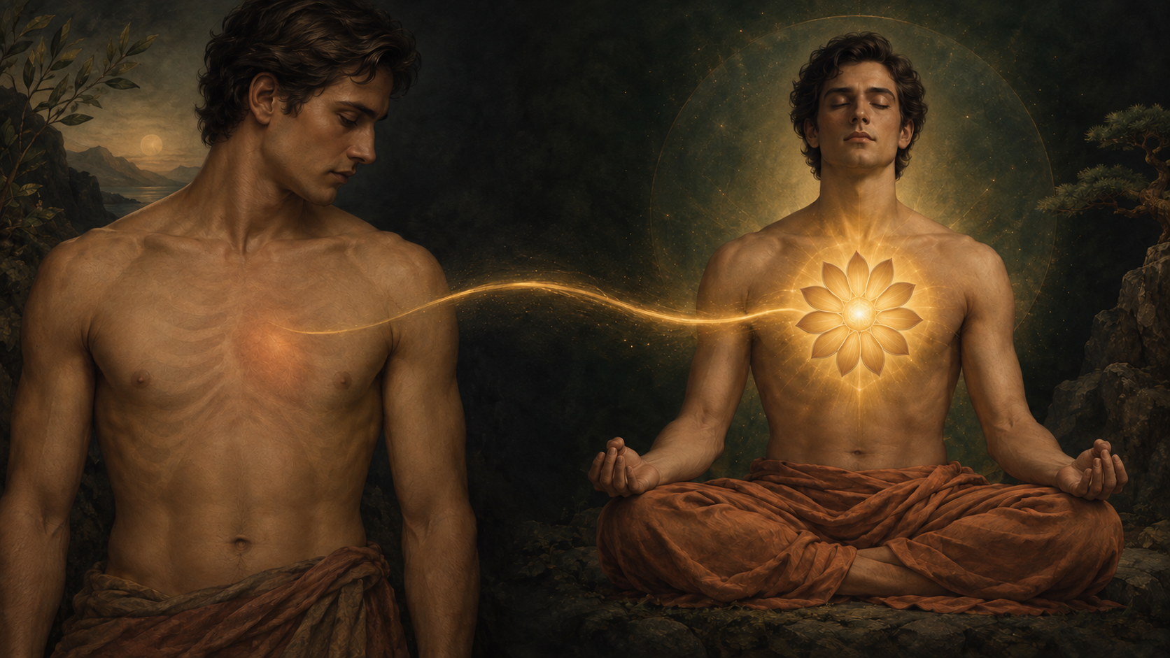 Two views of a human torso contrast a faint physical heart with a luminous twelve-petalled lotus at the center of a meditating figure's chest.