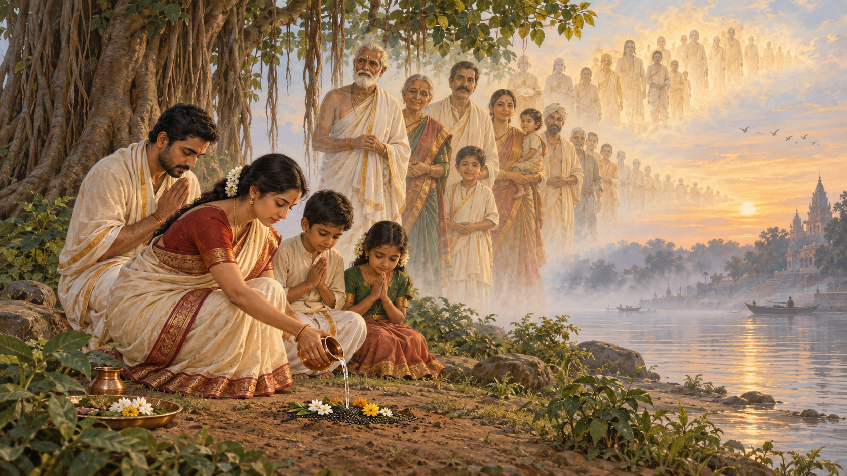 A person pours water from a copper vessel at a riverside offering while several generations of luminous ancestors appear beneath a banyan tree.
