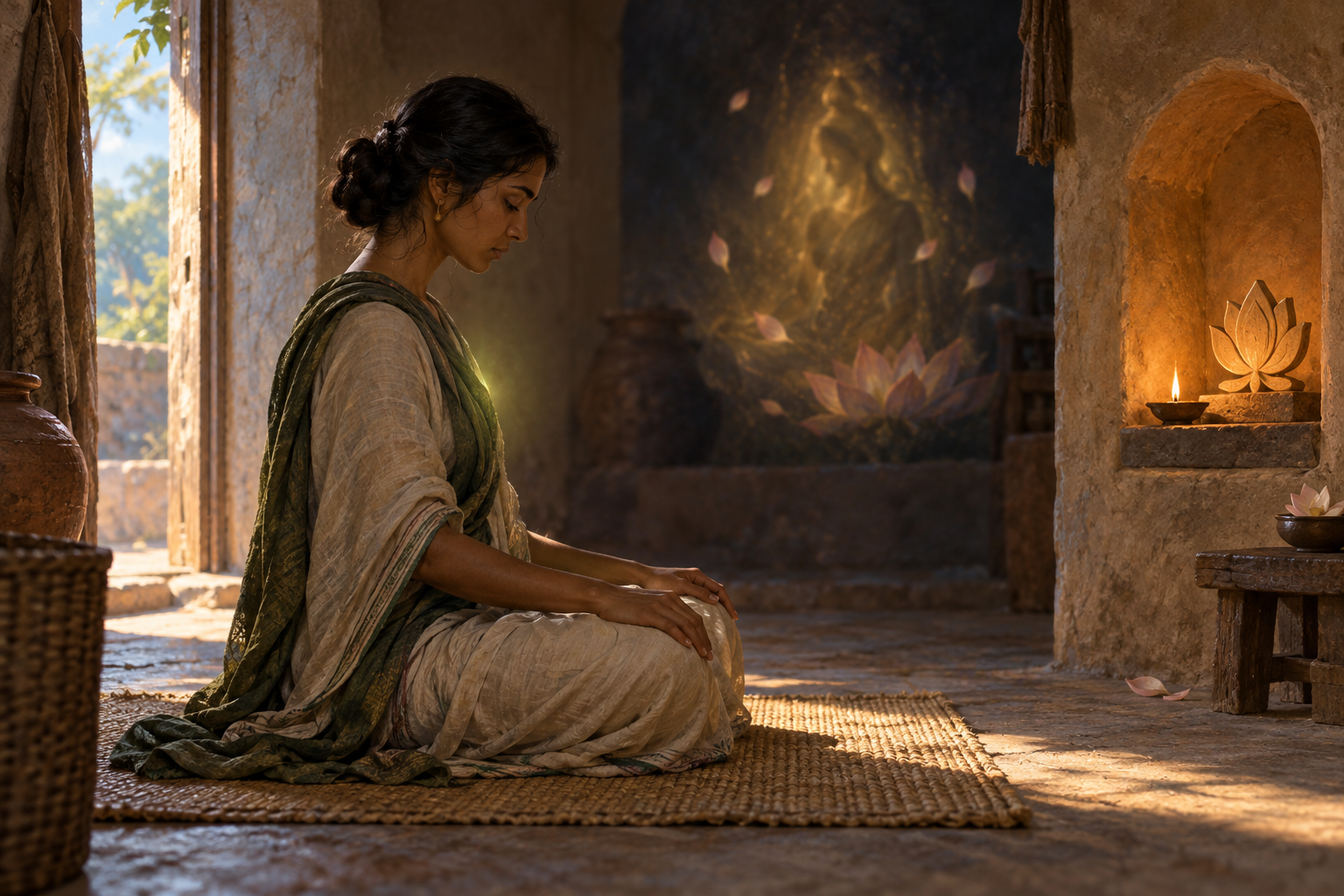 A practitioner meditates quietly beside a small oil lamp and lotus shrine while a subtle green-gold glow appears at the chest.