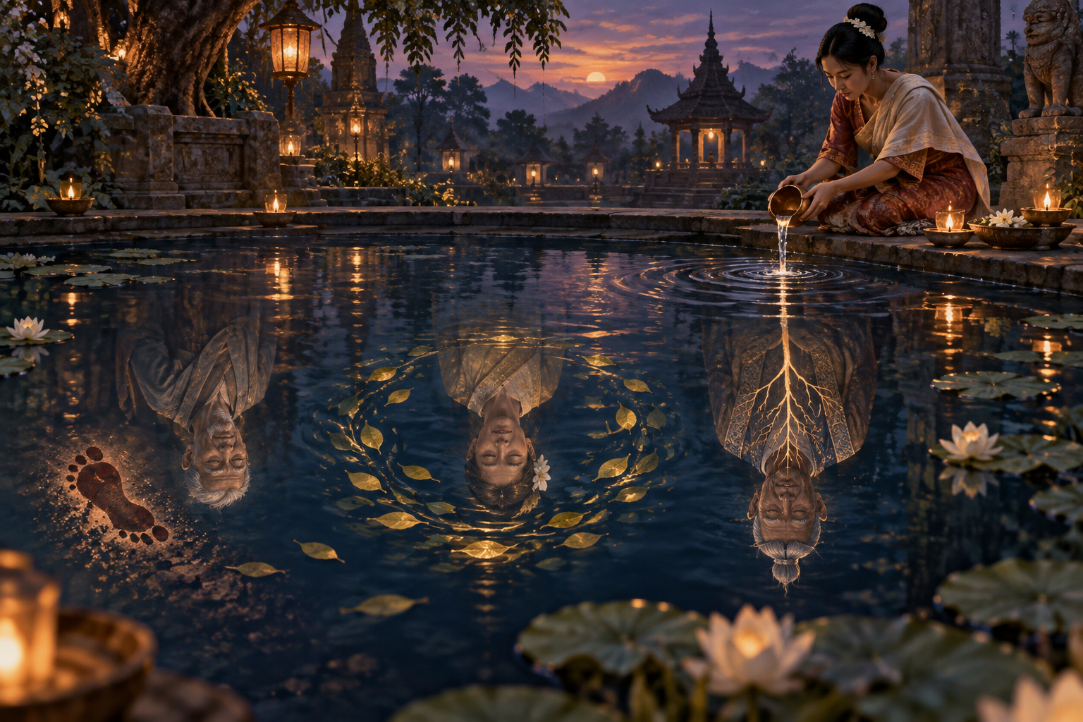 Three inverted ancestral figures are reflected in a ritual pool beside a fading footprint, a circular flow of leaves, and a thread leading to a kneeling descendant.