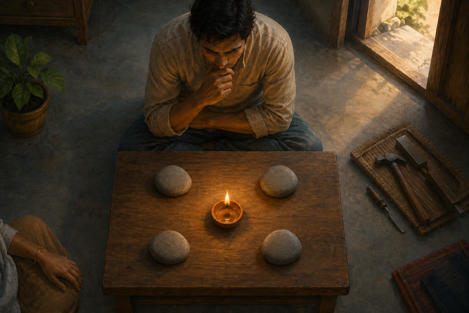 A person sits at a low table where four river stones surround a glowing clay lamp, with a plant, tools, another hand, and an open doorway nearby.