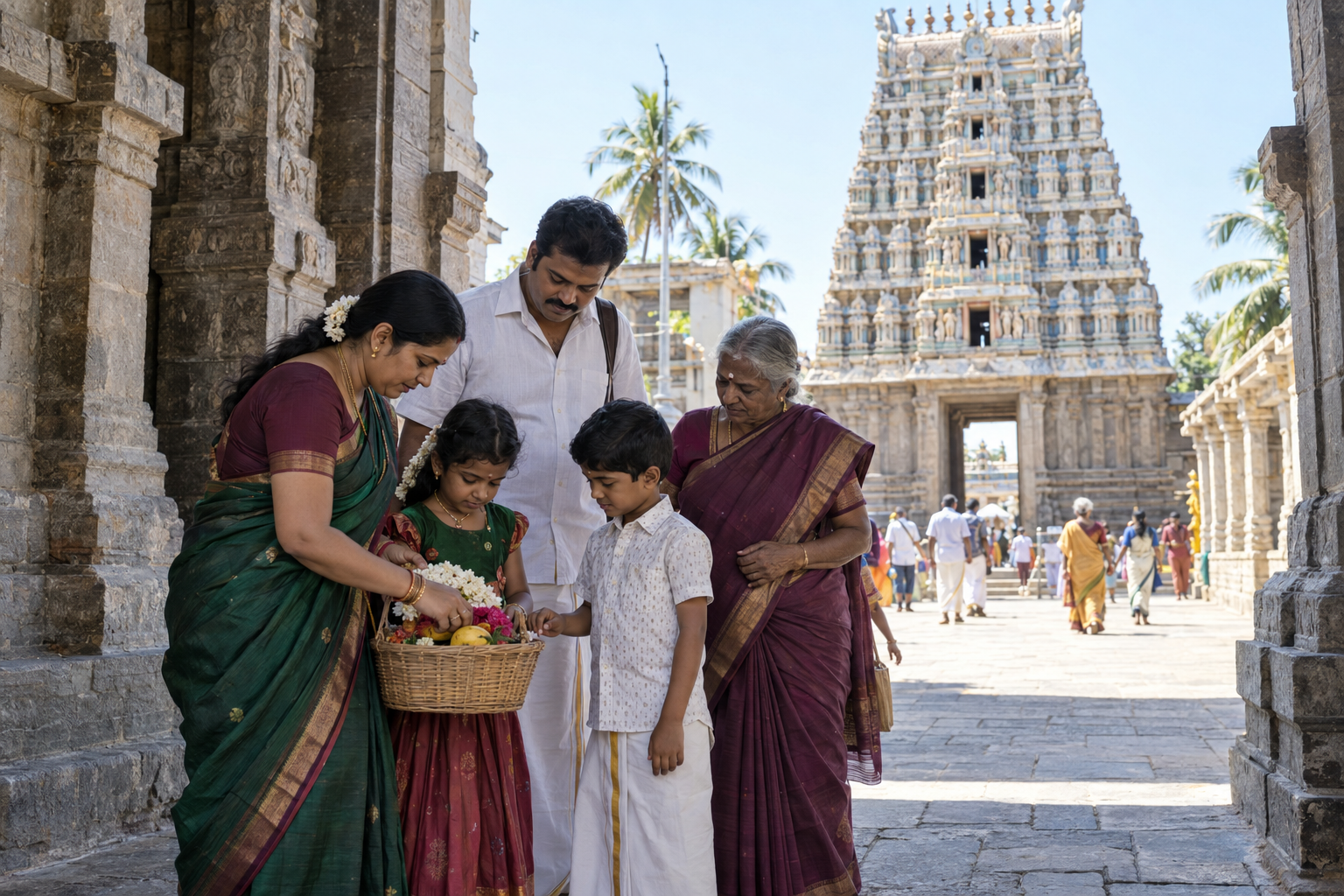 A multigenerational family prepares flower and fruit offerings near the entrance of a South Indian temple.