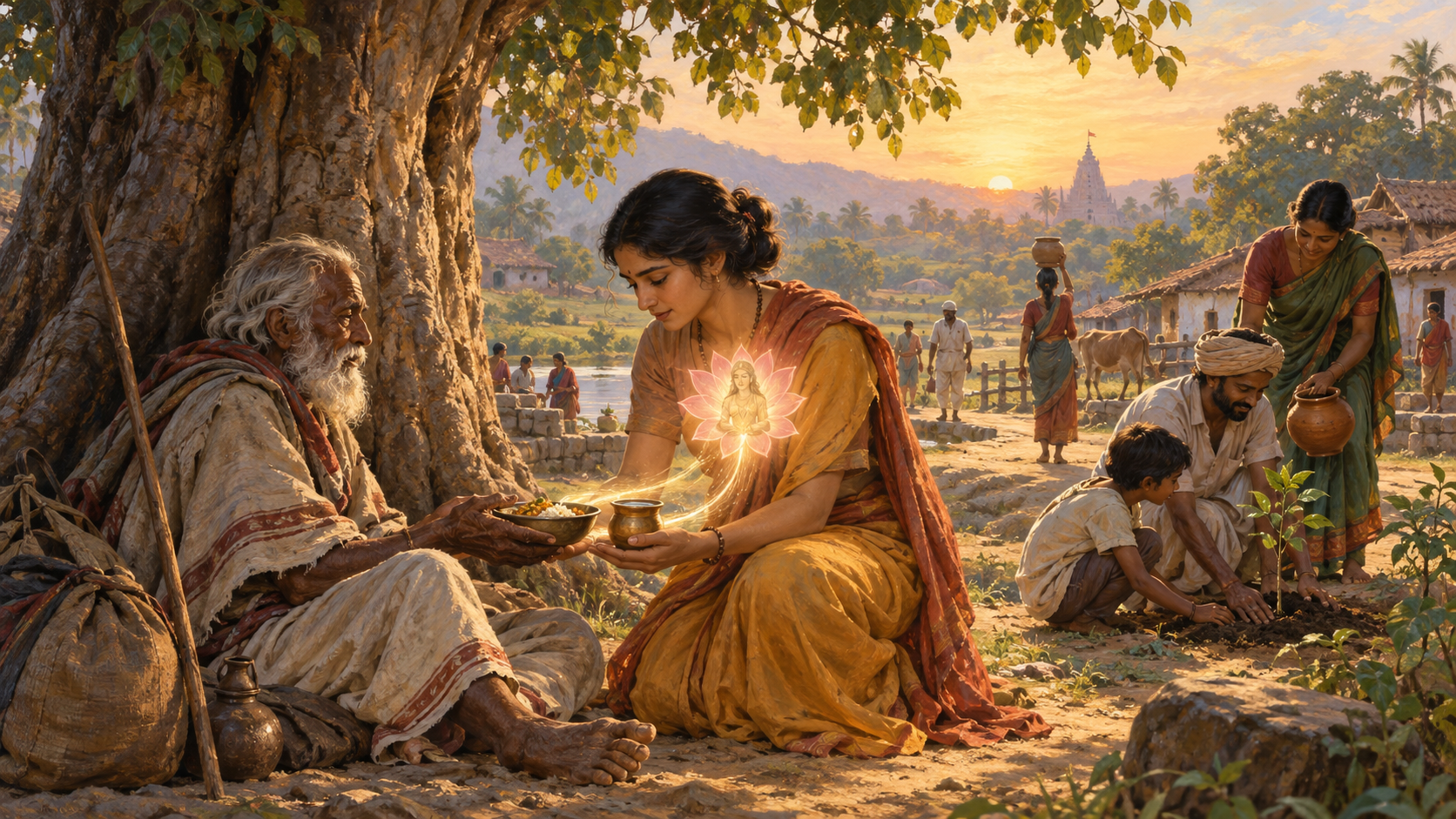 A person with a subtle lotus glow at the chest offers food and water to an elderly traveler as others care for their community nearby.
