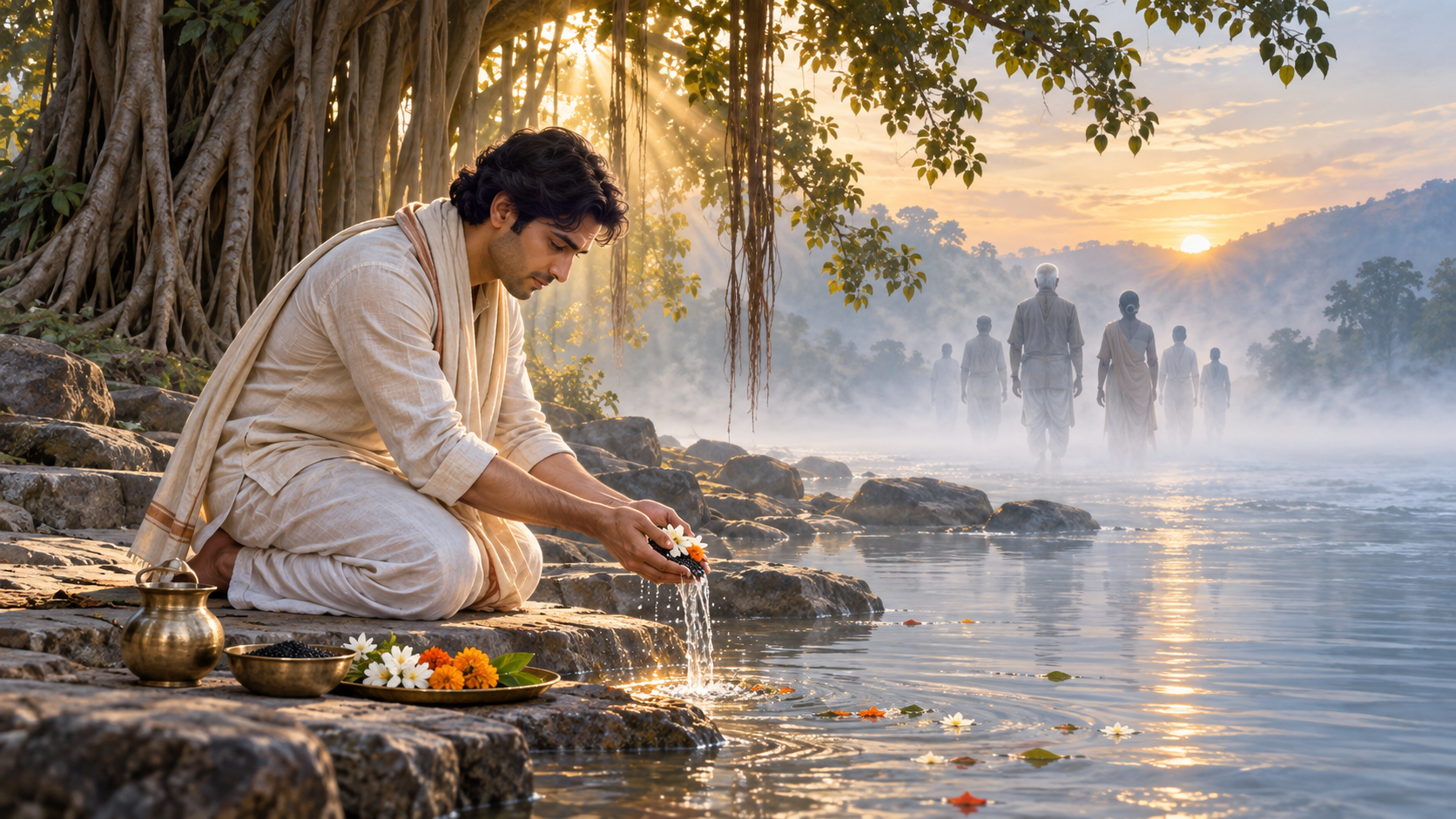 A kneeling person offers water, sesame, and flowers at dawn as faint upright ancestral figures recede into light across the river.