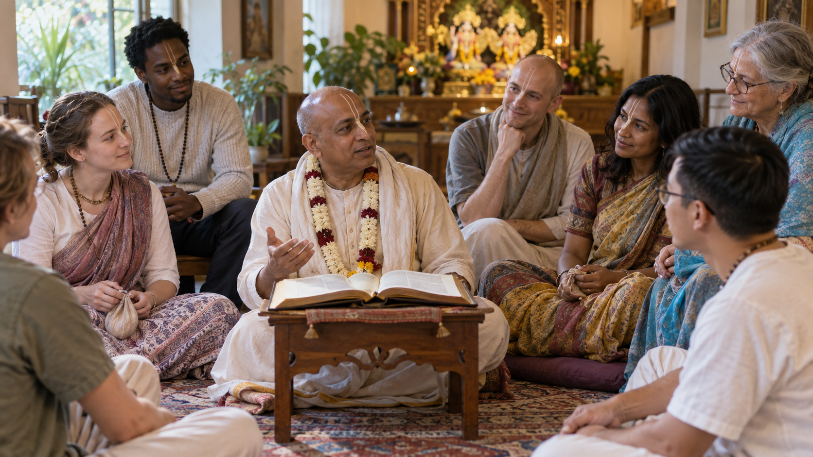 A teacher and a diverse group of adults study an open sacred book together in a local temple community room.