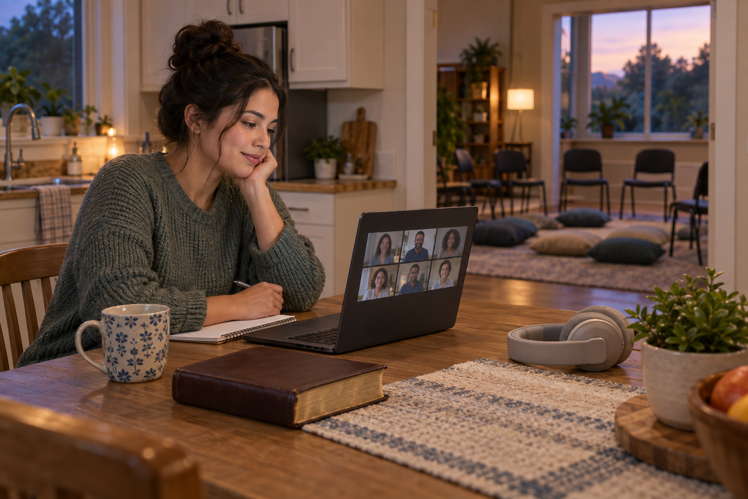 A student prepares to join a remote scripture class while an in-person study room is visible nearby.