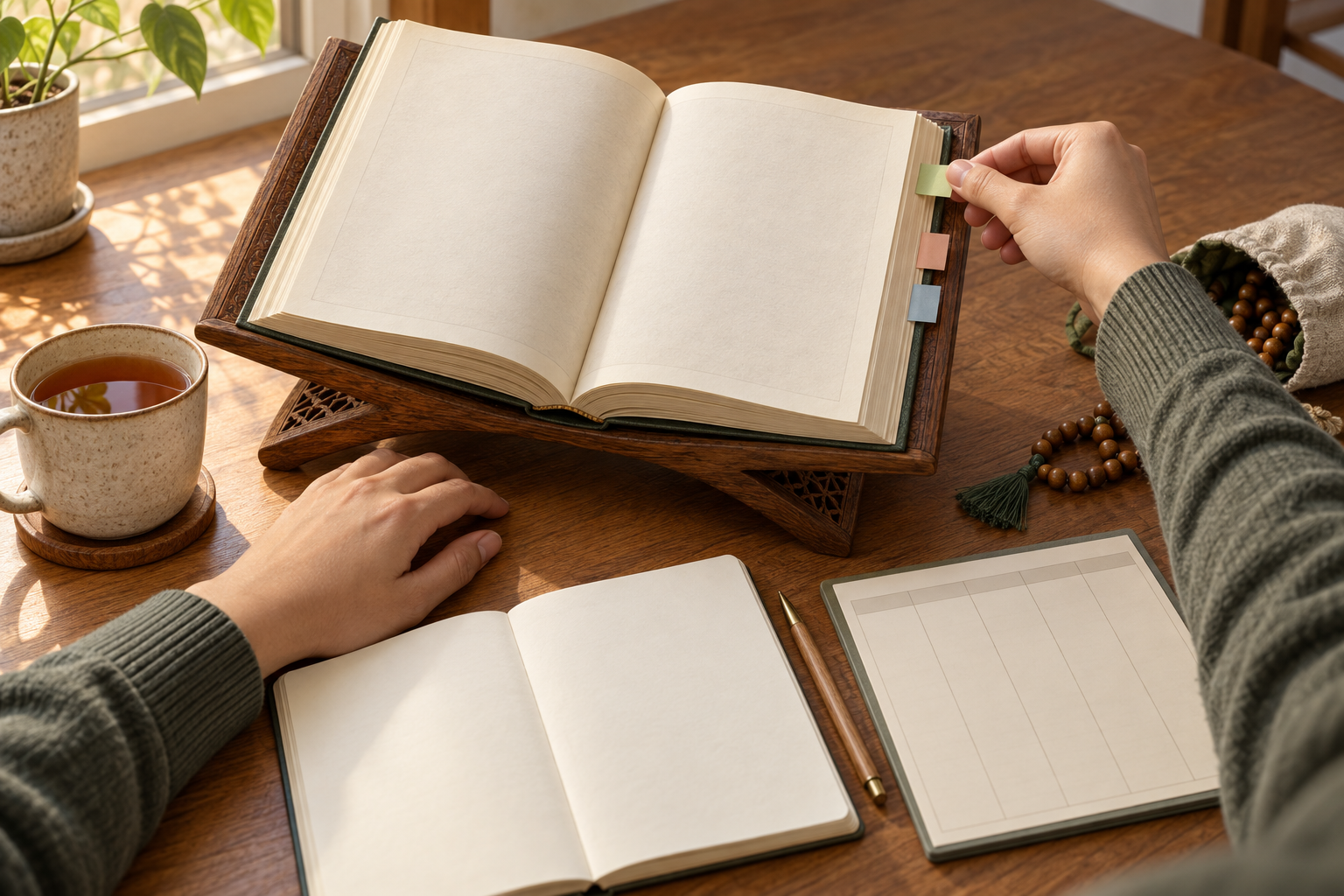 A student organizes a sacred book, notebook, page tabs, prayer beads, and a planner for regular study.