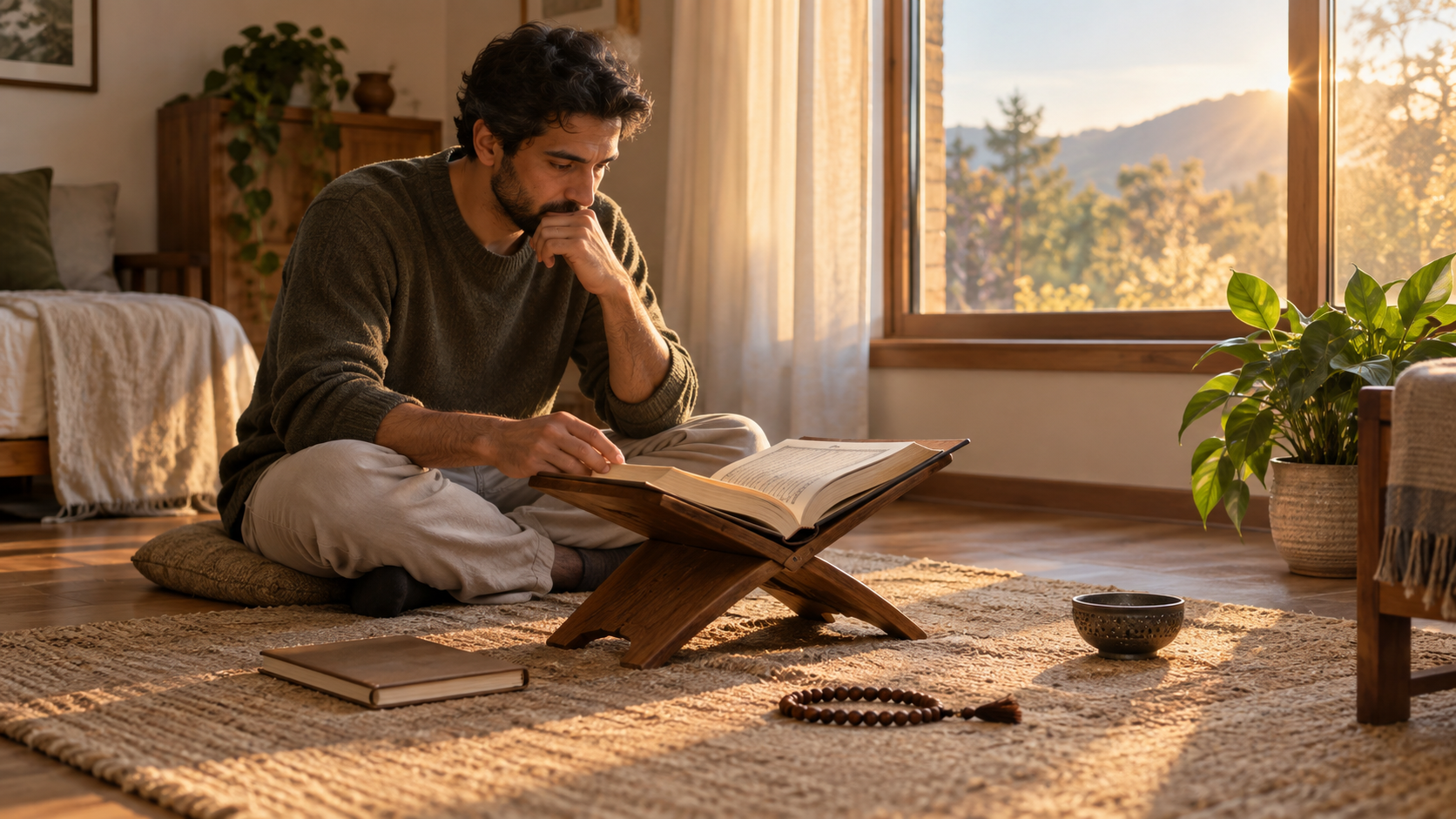 A person quietly revisits an open sacred book at home beside prayer beads and a notebook.