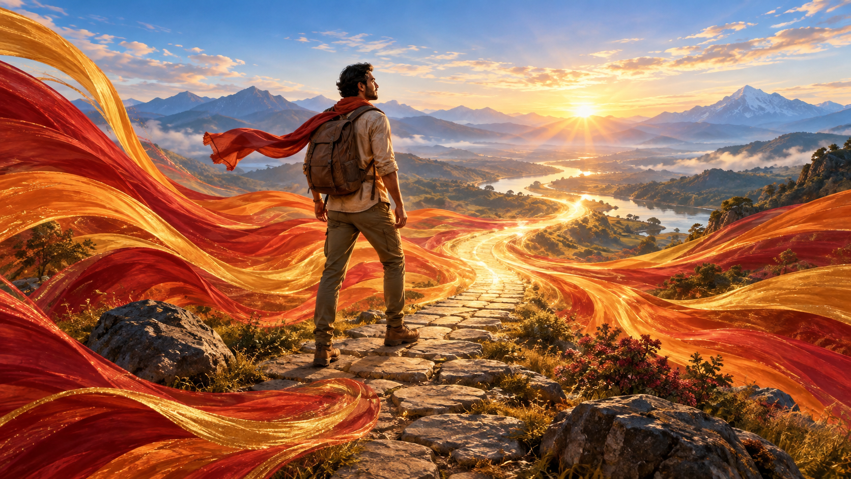 A calm standing figure directs swirling red, saffron, and gold currents toward a sunlit path at dawn.