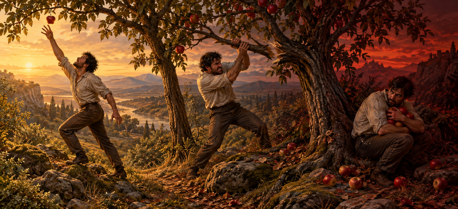 One figure reaches for a fruit, reacts angrily to a broken branch, and then guards a pile of fallen fruit.