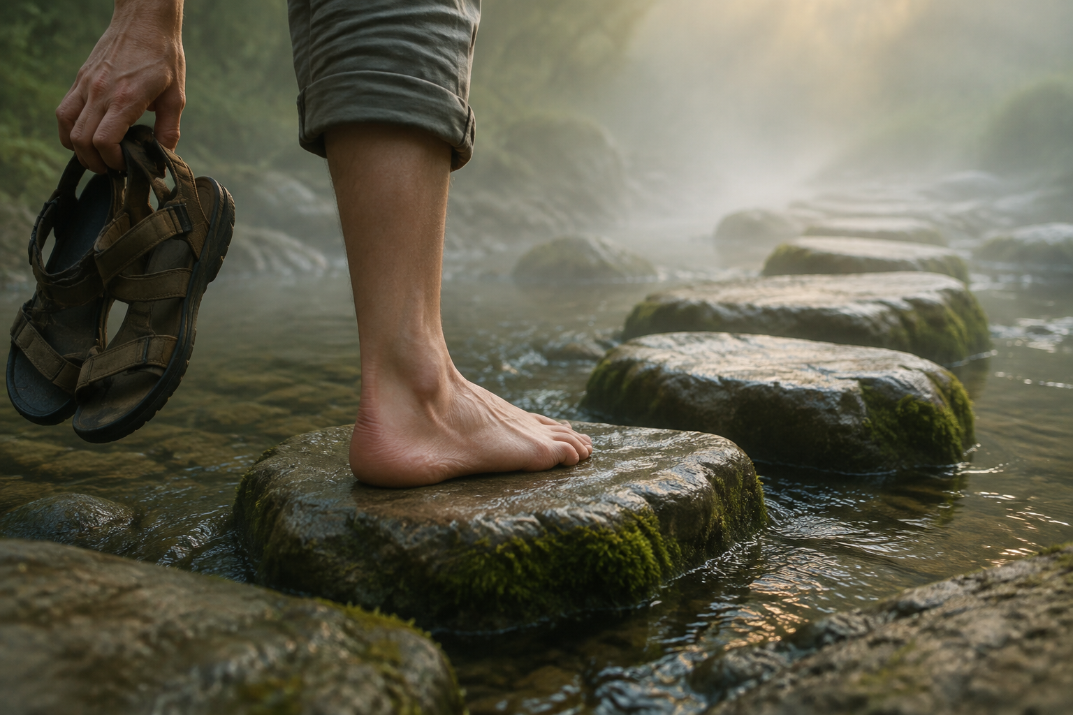 A barefoot person steps onto a flat stone in a shallow stream while carrying sandals in one hand.