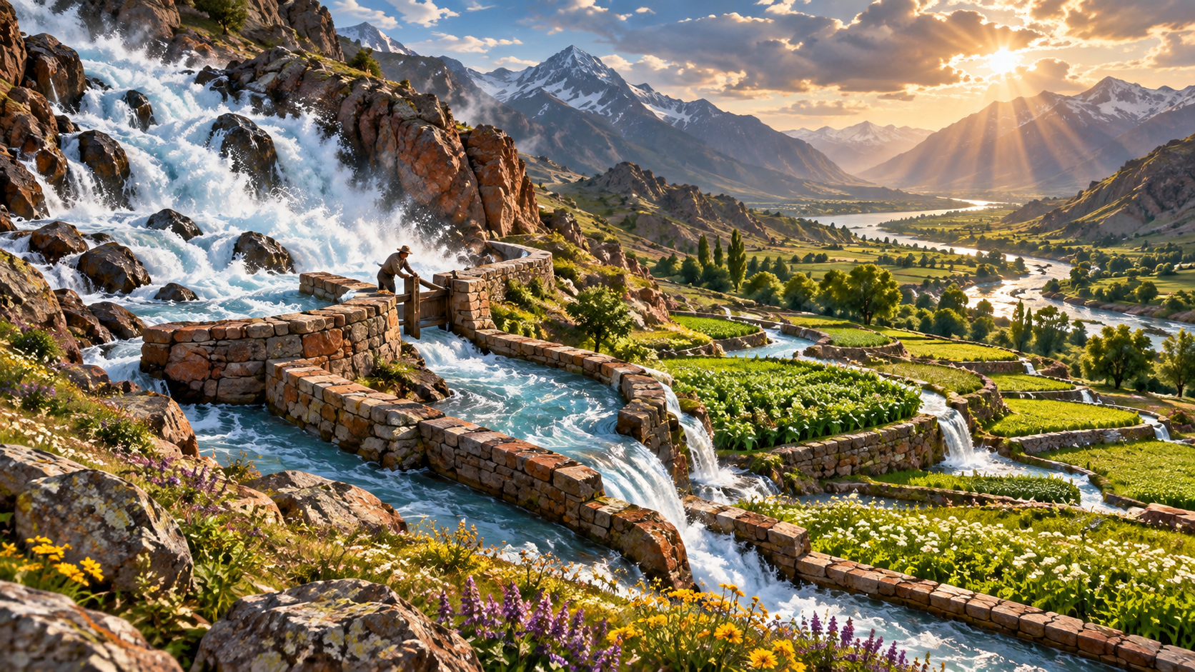 A person guides a rushing mountain river through stone channels into green cultivated terraces.