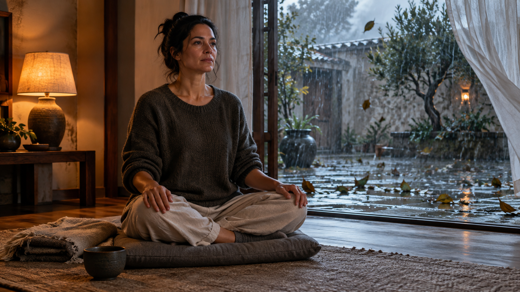 A seated person practices breathing indoors as wind and rain move through the courtyard outside.
