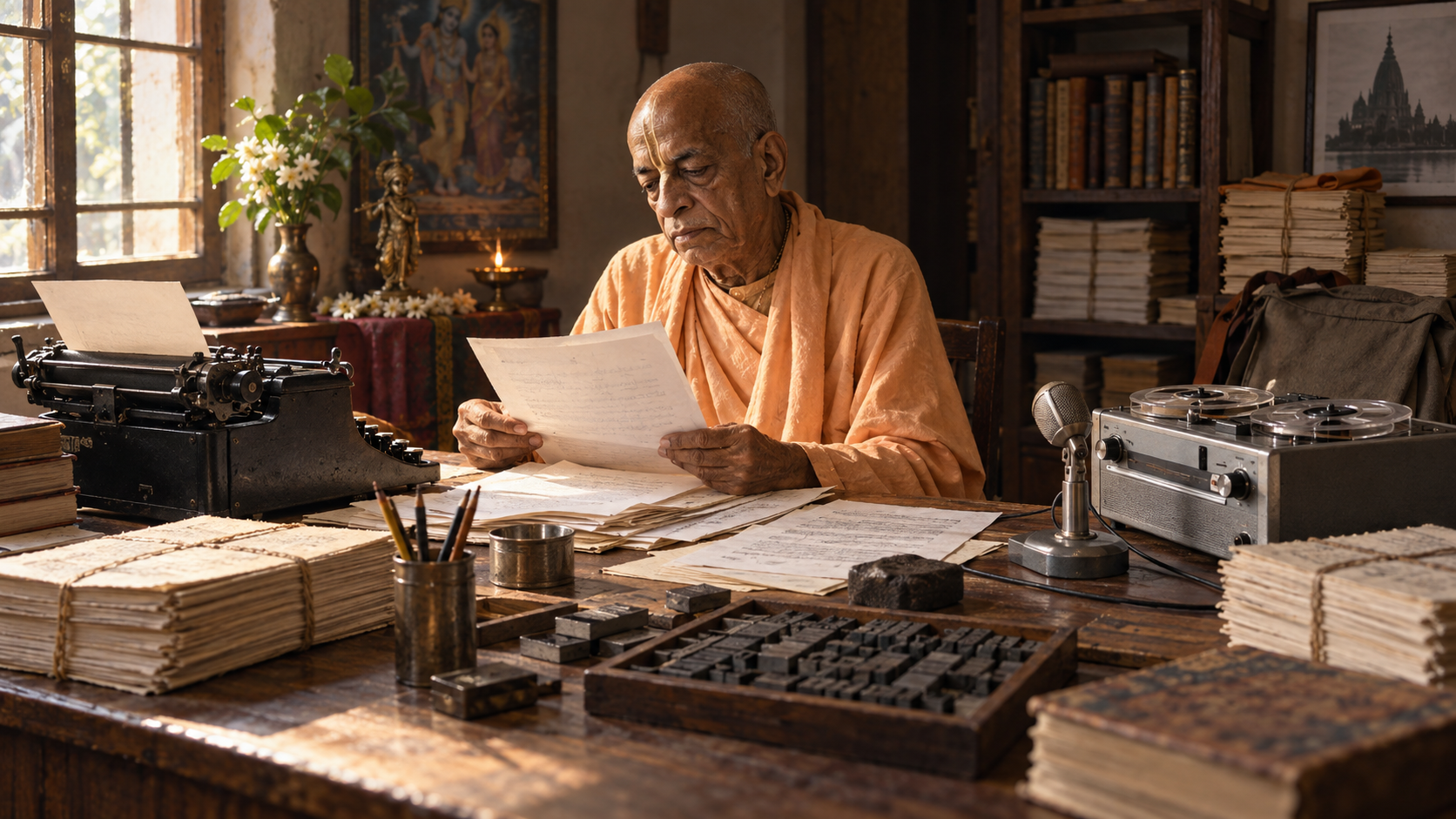 Srila Prabhupada reviews manuscript pages at a wooden desk with a manual typewriter and an early dictation machine nearby.