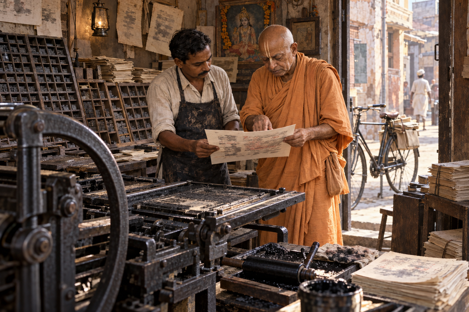 Srila Prabhupada and a printer examine a corrected proof inside a small Delhi letterpress workshop.