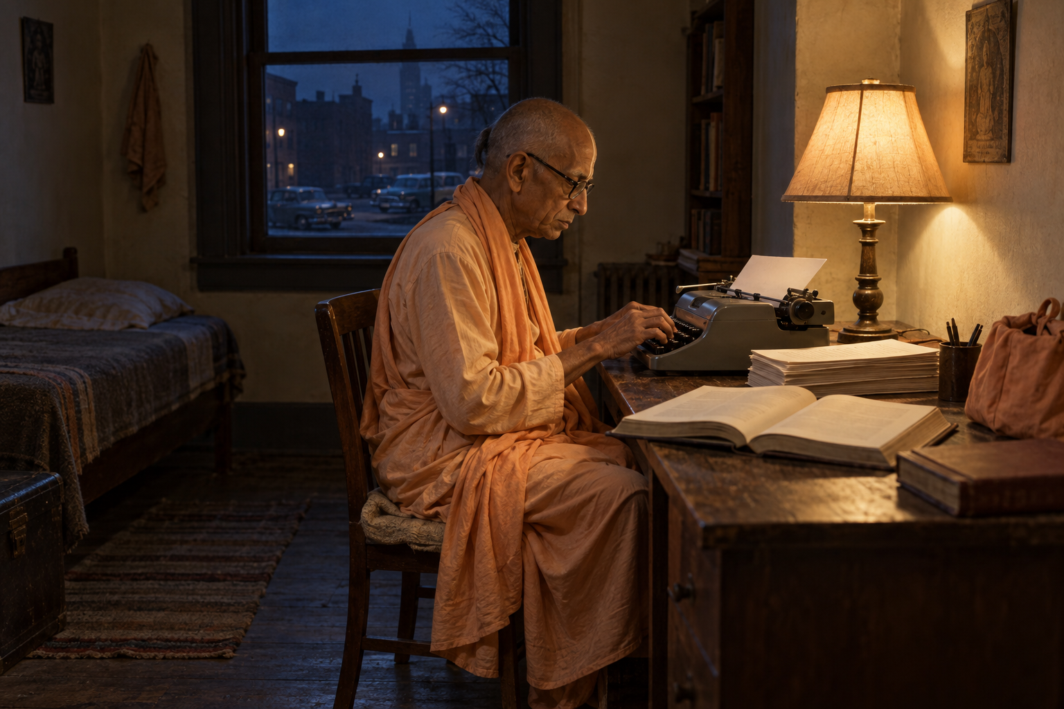 Srila Prabhupada types at a small desk before dawn in a modest American room during the 1960s.