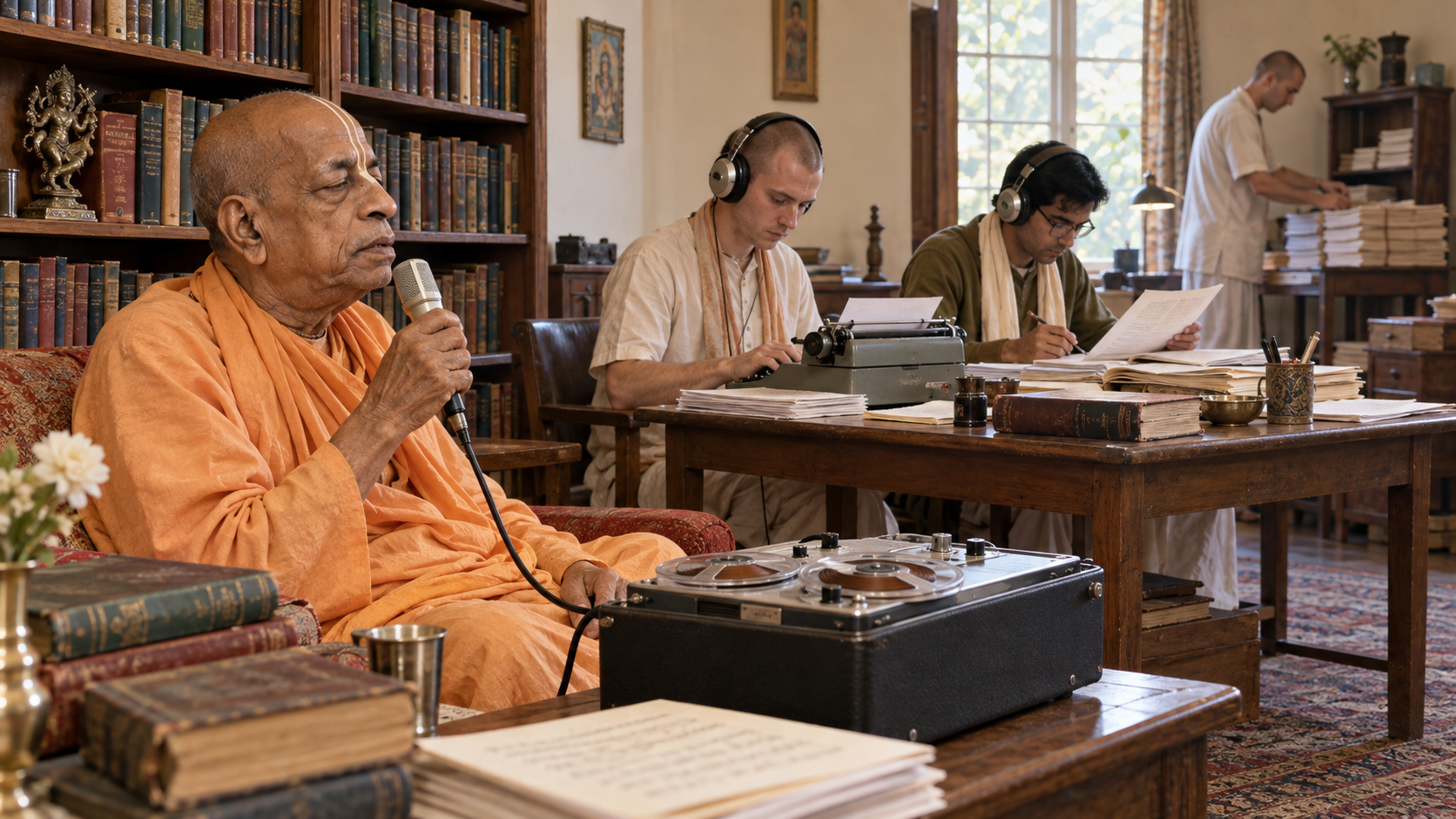 Srila Prabhupada dictates into a reel-to-reel recorder while assistants type, edit, and organize manuscript pages.