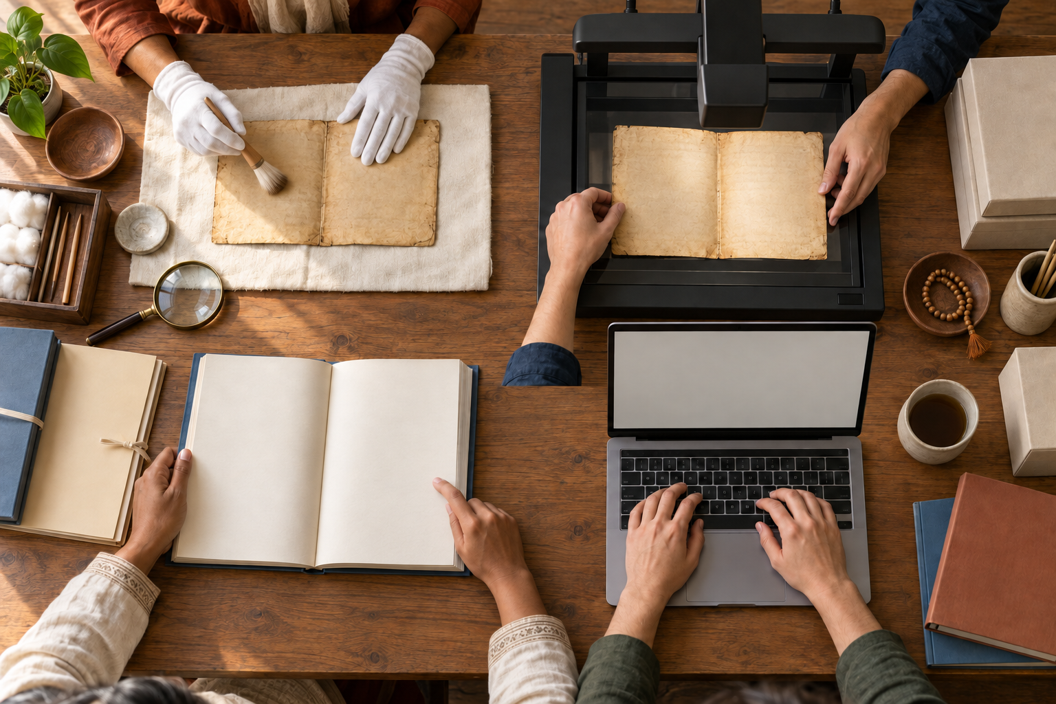 A publishing team cleans, scans, transcribes, checks, and binds an archival spiritual manuscript at a shared worktable.